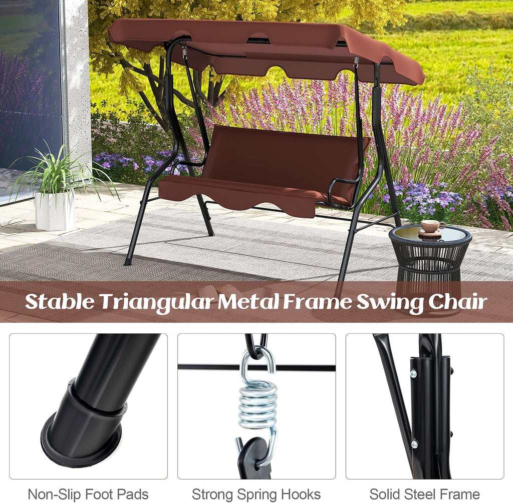 DREAMADE Porch Swing Outdoor, 3 Person Patio Swing w/Removable Cushion, Stand & Adjustable Canopy, Heavy Duty Swing Chair for Patio, Garden, Courtyard, Poolside