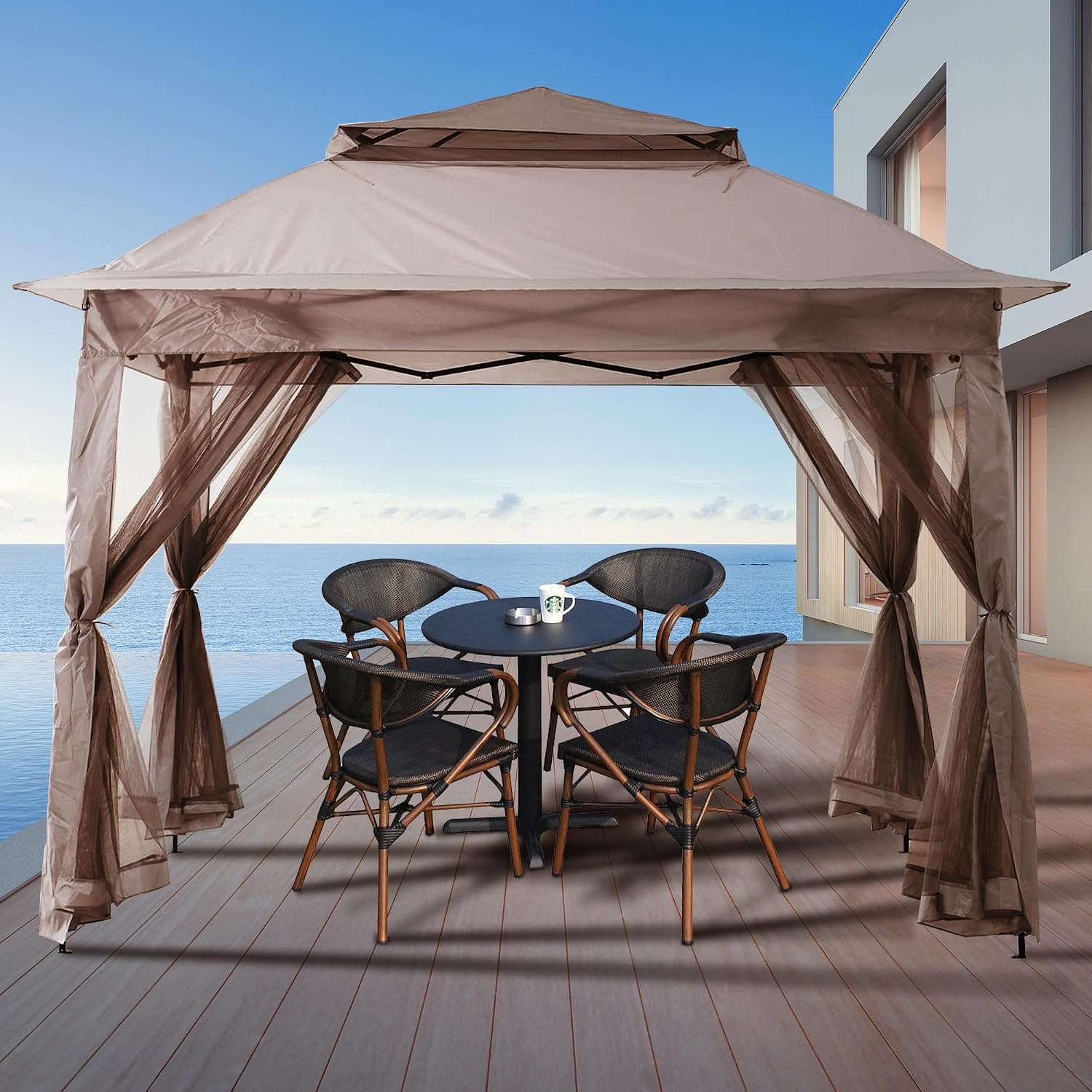 Patio Gazebo Outdoor Pop Up Gazebo with Curtains and Shelter for Patio, Party & Backyard (Kaki, 11x11)