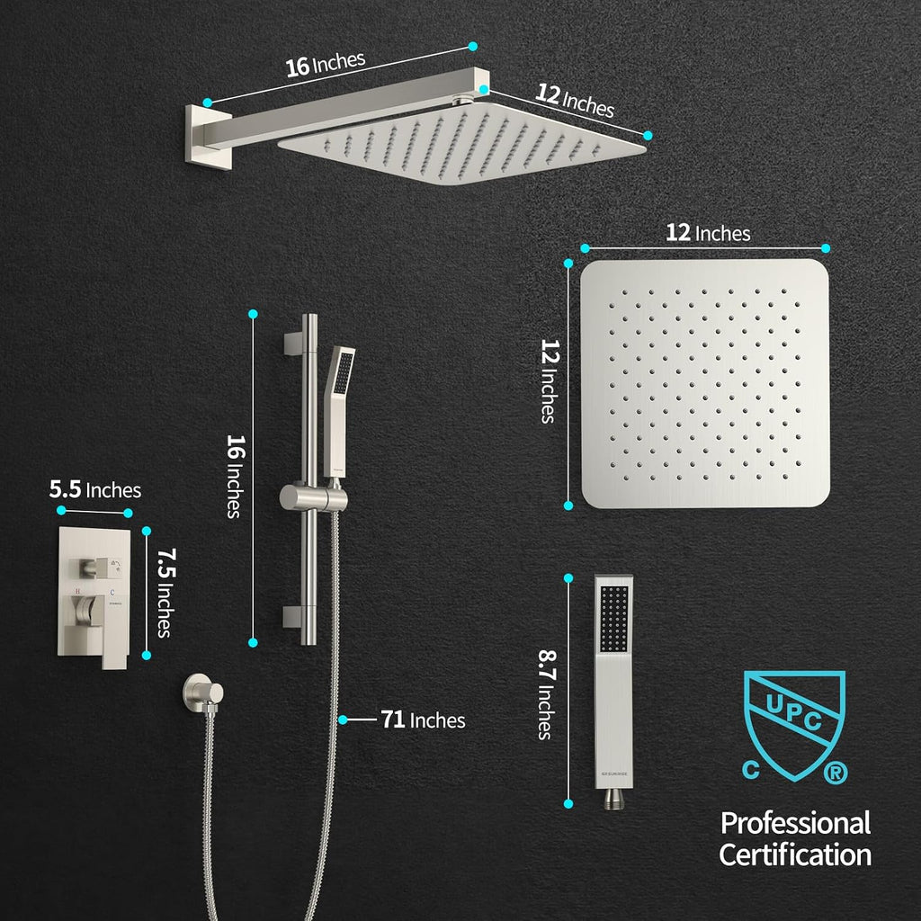 SR SUN RISE 12 Inch Square Shower System, Rain Shower Head and Slide Bar Handheld Shower Faucet Wall Mounted Combo Set Included Valve and Trim Kit for Bathroom, Brushed Nickel