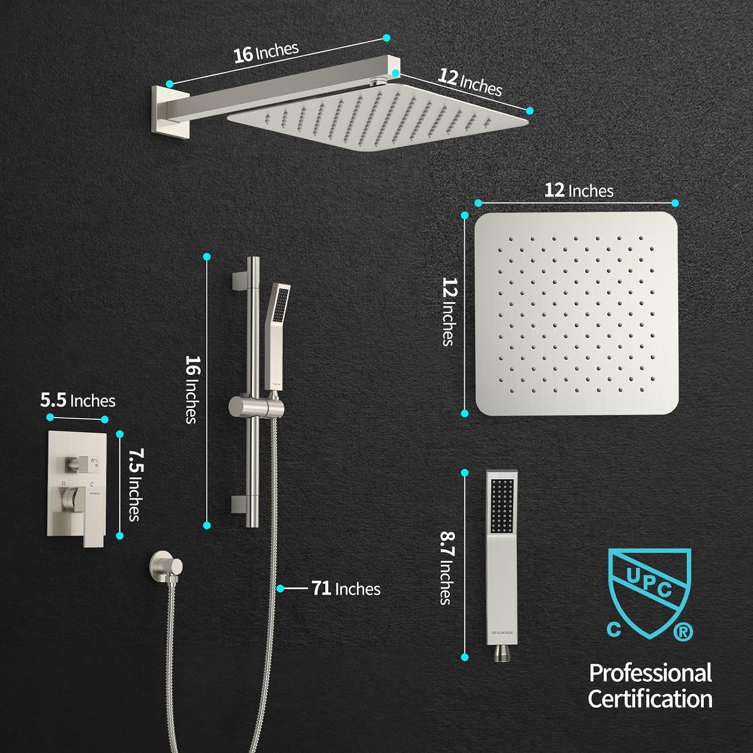 SR SUN RISE 12 Inch Square Shower System, Rain Shower Head and Slide Bar Handheld Shower Faucet Wall Mounted Combo Set Included Valve and Trim Kit for Bathroom, Brushed Nickel