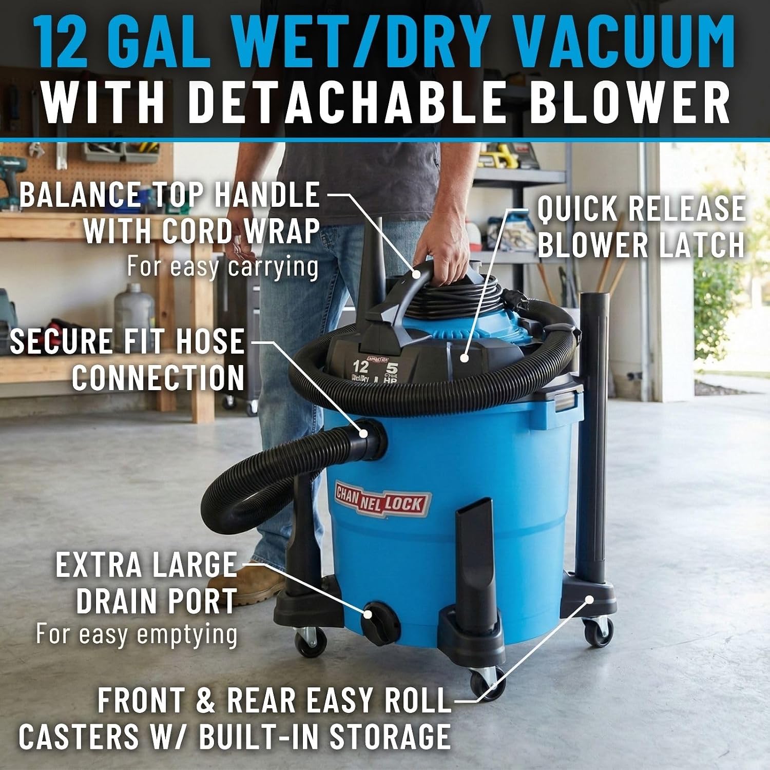 Channellock Wet/Dry Vacuum VBV1210.CL - 5.0 Peak HP Blower, Foam Filter - 12 Gallon
