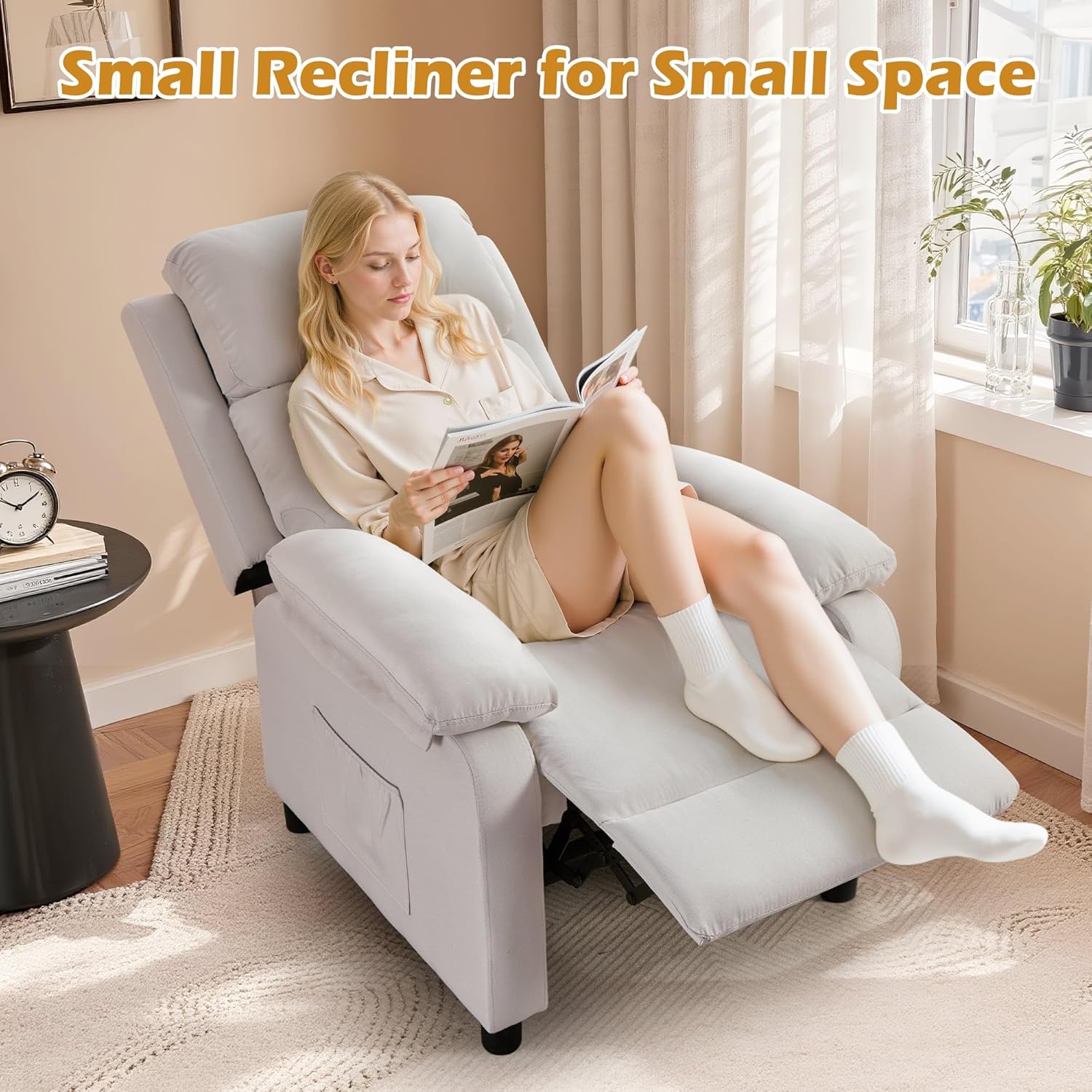 Korser Recliner Chair, Living Room Chairs for Adults, Padded Deep Seat Reading Chair with Side Pockets, Small Recliners for Small Spaces, Lounge Chair for Living Room, Bedroom, and RV (Linen)