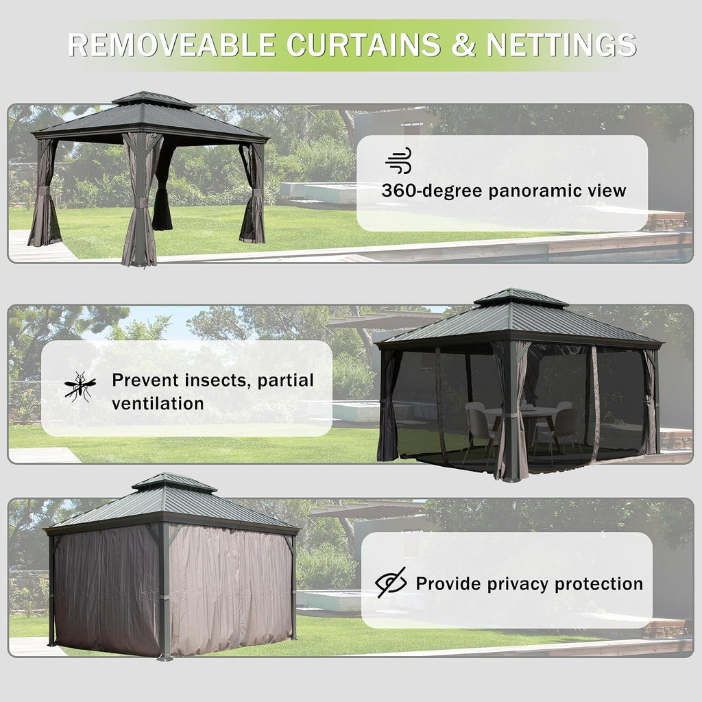 Domi 10x13FT Outdoor Gazebo, Hardtop Gazebo with Galvanized Steel Double Roof, Metal Gazebos with Drainage System Patio Pergola for Patio Deck Backyard,Curtain and Netting,Gray
