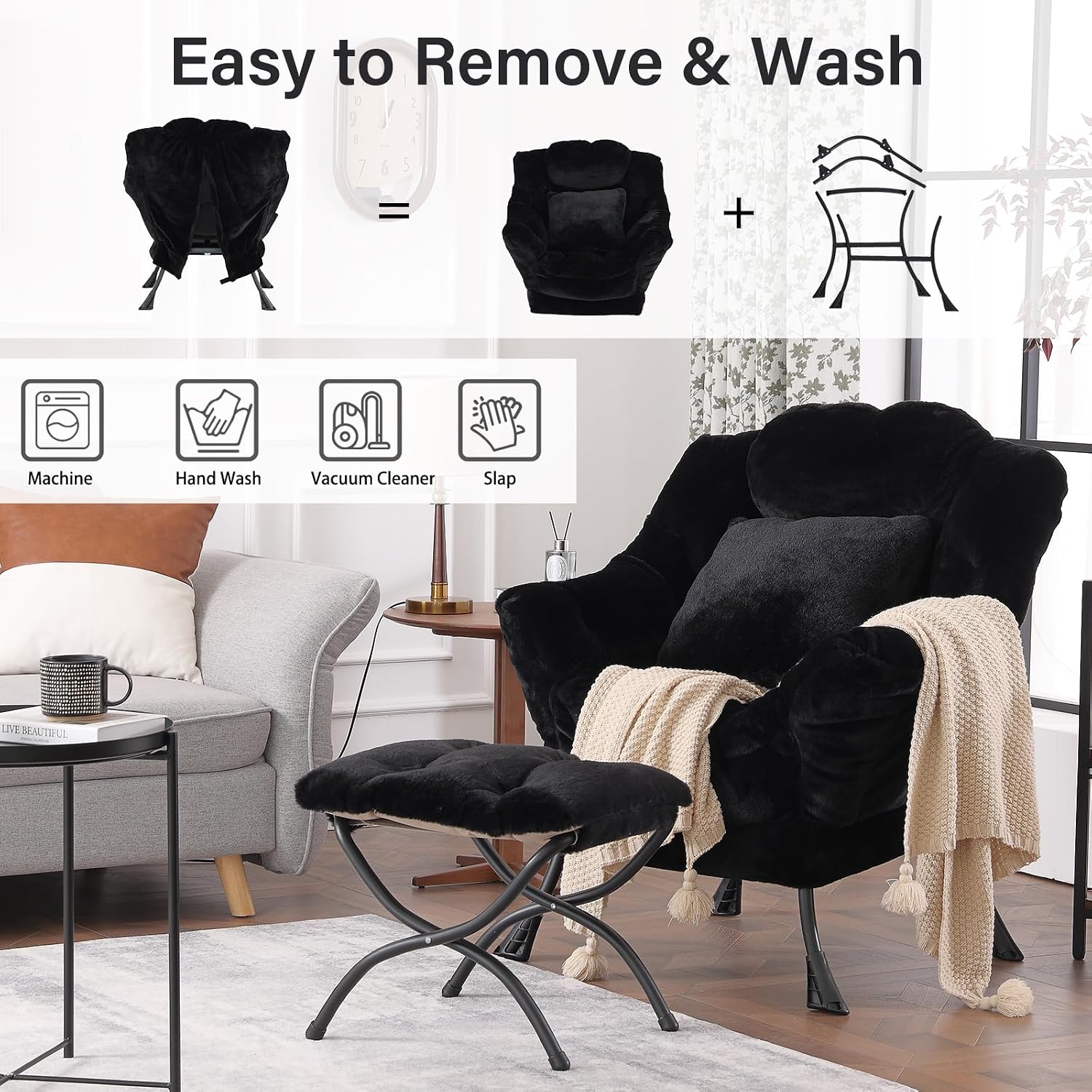 Lazy Chair with Ottoman, Large Black Accent Chair with Ottoman and FA Throw Pillow, Comfy Plush Reading Chair for Living Room Bedroom Dorm Room Office Apartment Relaxing Use