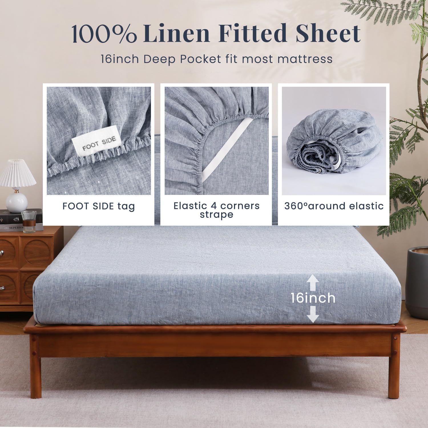 S VICTORY SYMBOL 100% Organic Linen Chambray Sheets Set Full Size,Washed French Flax Bed Sheets 4 Pieces(2 Pillowcases,1 Fitted Sheet,1 Flat Sheet) Blue Denim,Yarn Dyed Natural Linen Bedding