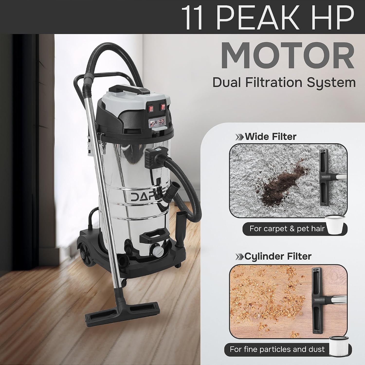 Dapper Supply 26.5 Gallon 11 Peak HP Wet/Dry Vacuum, Stainless Steel Tank, 2 in 1 Function Portable Shop Vacuum with Attachments, Built-in Drain Ideal for Jobsite, Garage & Workshop.
