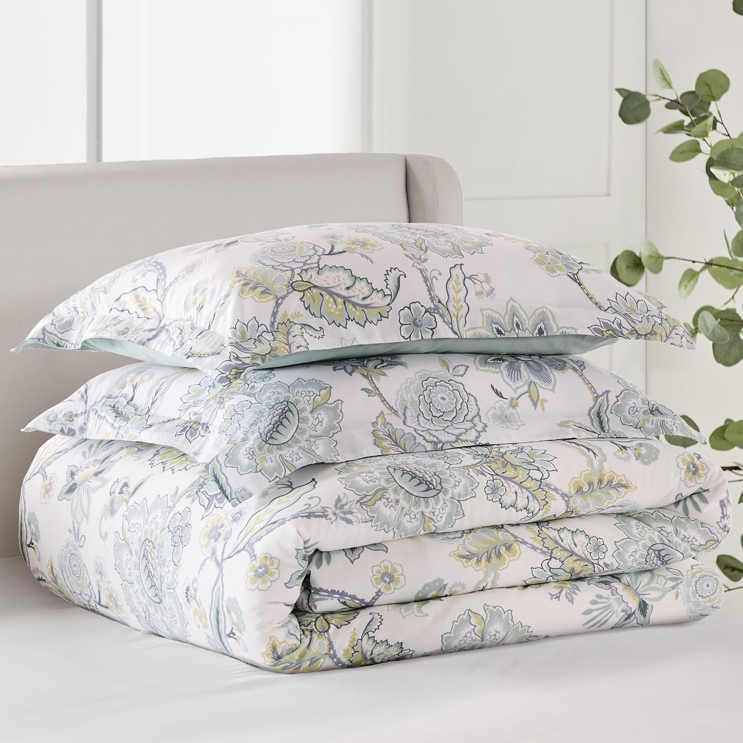 Levtex Home Ophelia Spa Reversible Twin/Twin XL Comforter Set (68x88in) with 1 Pillowcase (26x20in) - Bedding - Blue, Yellow, White - Rayon Twin Size Comforter Set - Lightweight, Soft, Pre-Washed