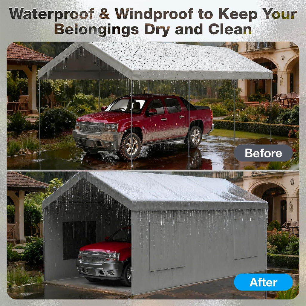 2 Pack Carport Canopy Replacement Sidewalls with Roll-up Windows, 2 Pack Zipper Doors for 10x20FT, Waterproof & UV Protected, Easy Assembly with Ball Bungees, Grey (Frame and Top Cover Not Included)