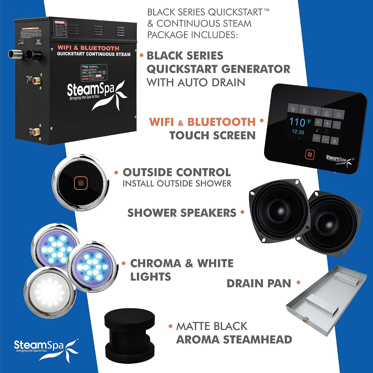 Generator with Quick Start Continuous Steam Technology, Wi-Fi, Bluetooth and Autodrain | 6kW Steam Generator with Black Steam Head with Aromatherapy Reservoir | RVB600BK-A