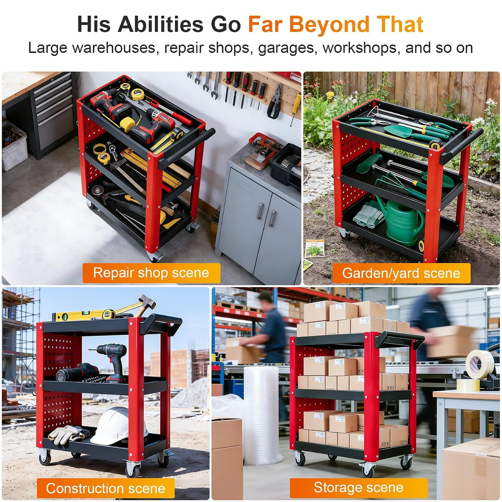 3 Tier Rolling Tool Cart on Wheels, Mechanic Storage Organizer, Rolling Work Cart with Pegboard for Garage, Workshop, Warehouse (Red and Black)