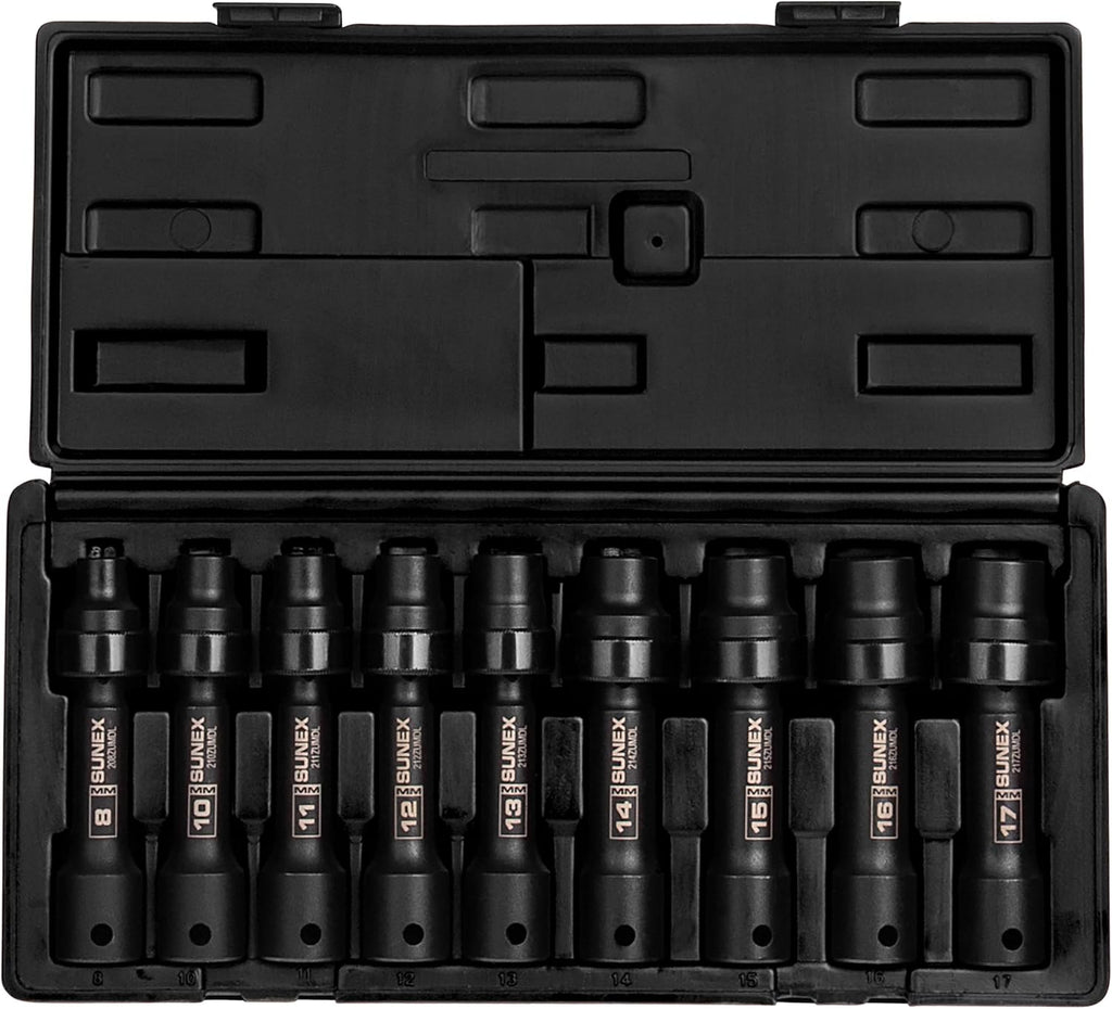 SUNEX TOOLS 2695, ½ Inch Drive Driveline Limited Clearance Socket Set, 12-Point, 9-Piece, Metric, 8mm-17mm, Cr-Mo Steel, Heavy Duty Storage Case