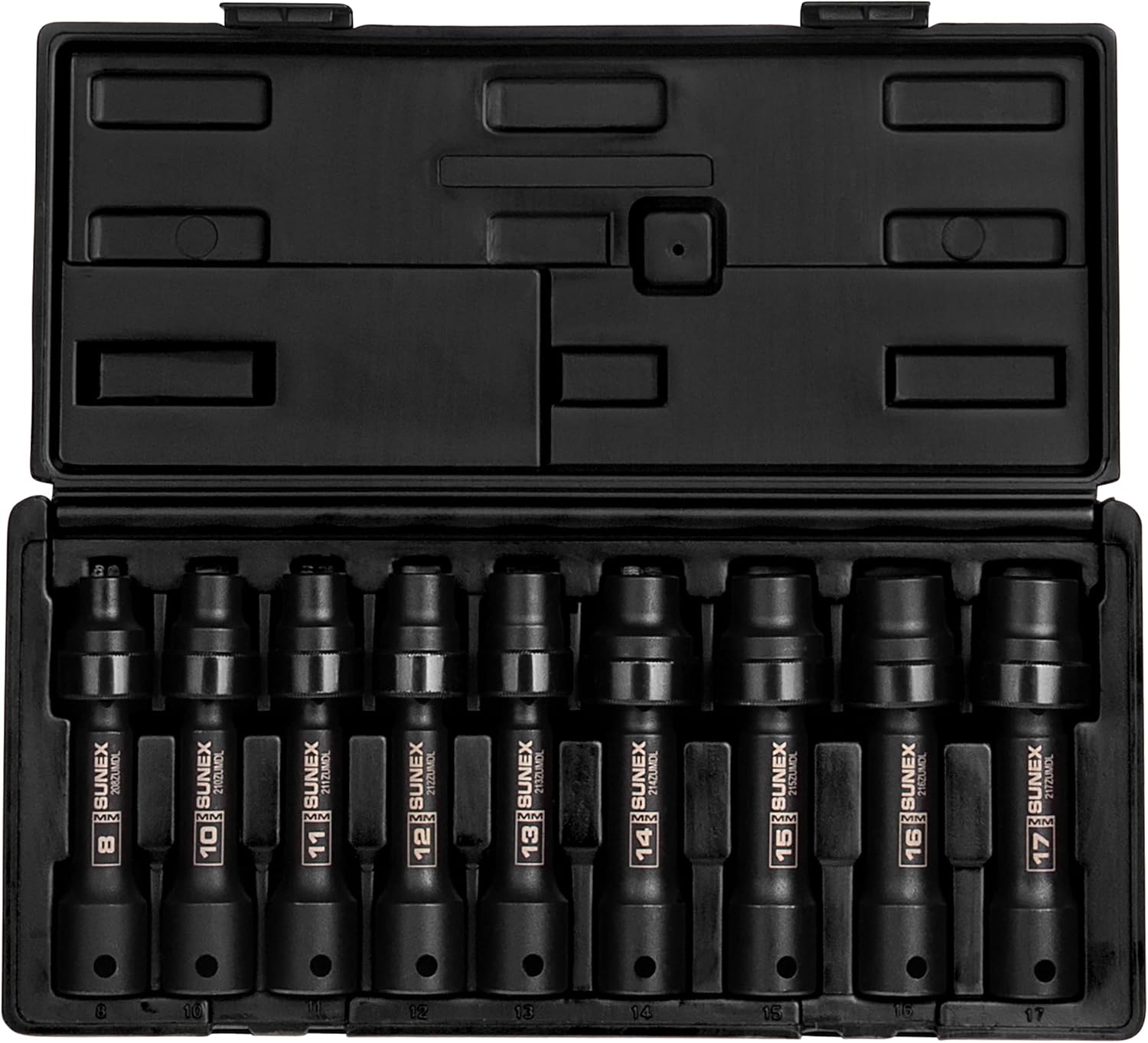SUNEX TOOLS 2695, ½ Inch Drive Driveline Limited Clearance Socket Set, 12-Point, 9-Piece, Metric, 8mm-17mm, Cr-Mo Steel, Heavy Duty Storage Case