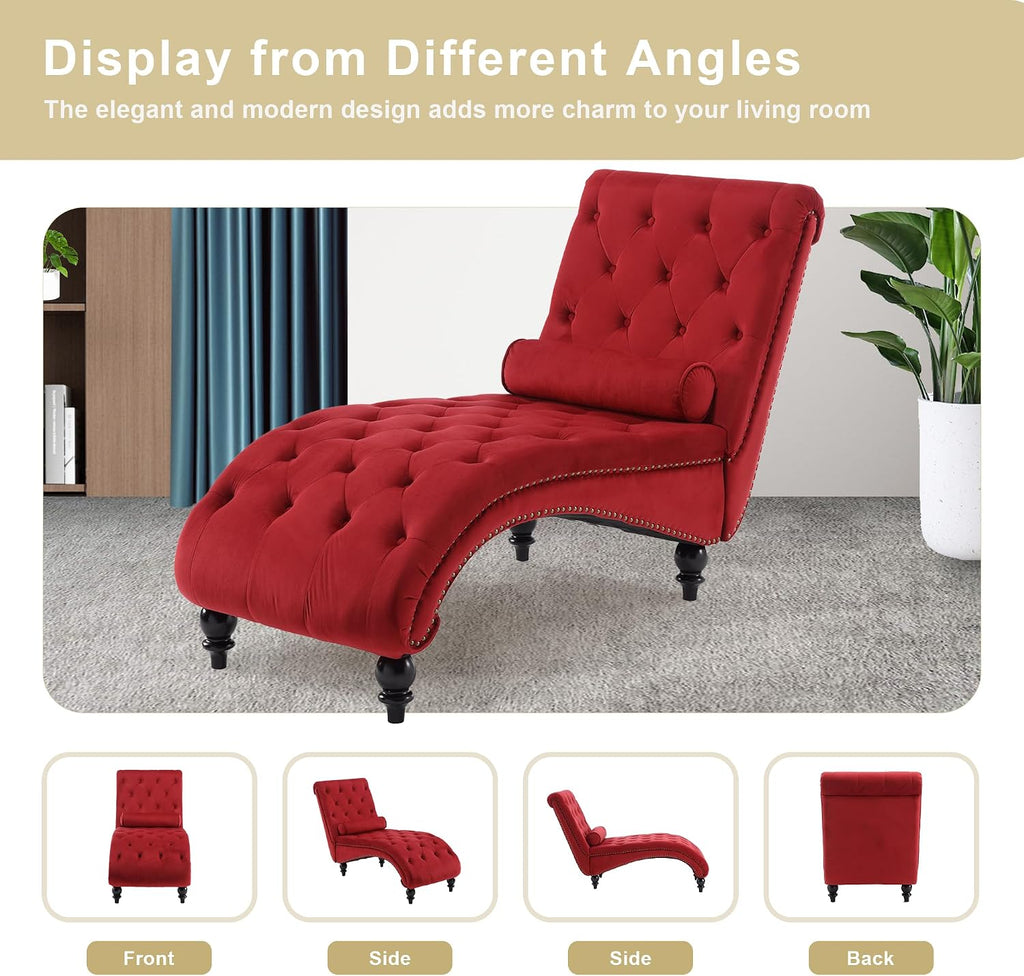 Velvet Chaise Lounge Indoor, Button-Tufted Upholstered Chaise Lounge Chair with Pillow for Bedroom Living Room Office Modern Backrest Leisure Recliner Sleep Sofa (Red)