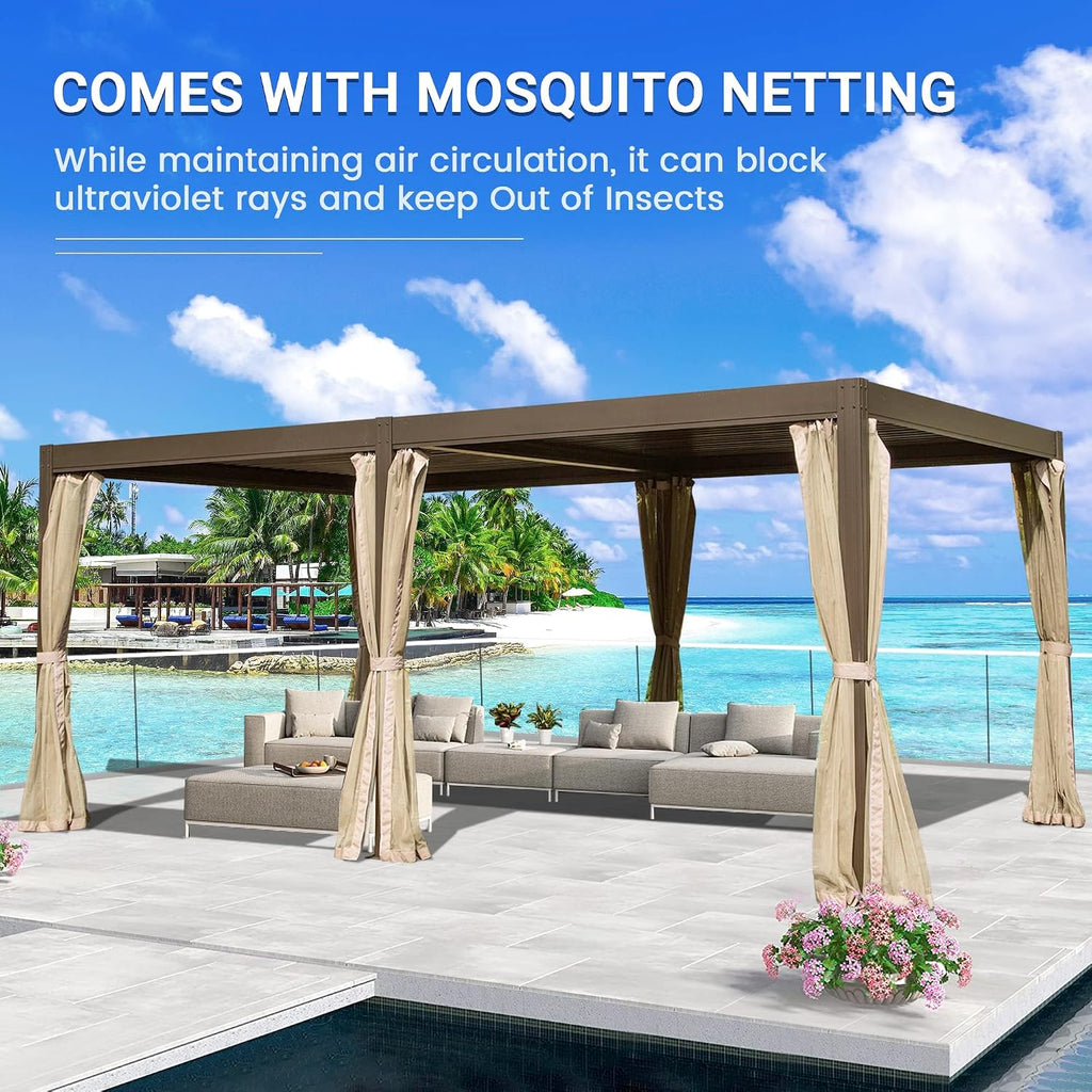 Domi Outdoor Pergola 12' x 20' Aluminum Louvered Pergola with Adjustable Roof and Mosquito Netting for Patio, Backyard, Deck, Garden, Brown