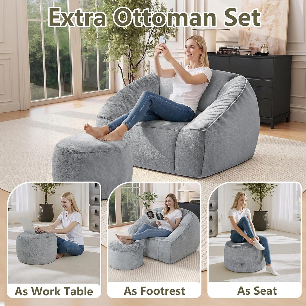 Bean Bag Chairs with Ottoman for Adults, Comfy Beanbag Chair with High-Resilience Foam, Oversized Bean Bag Sofa with Soft Faux Fur Fabric, Bean Bag Chair for Living Room,Bedroom,Light Grey