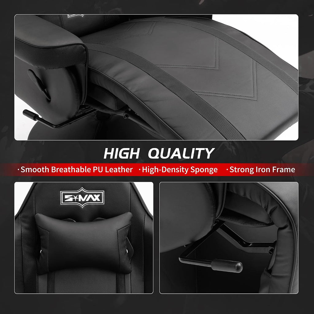 S*MAX Gaming Recliner Chair for Adults Higher Back and Wider Lumbar Support Swivel PU Leather Gaming Chair with Footrest Larger Cup Holder Black X Large