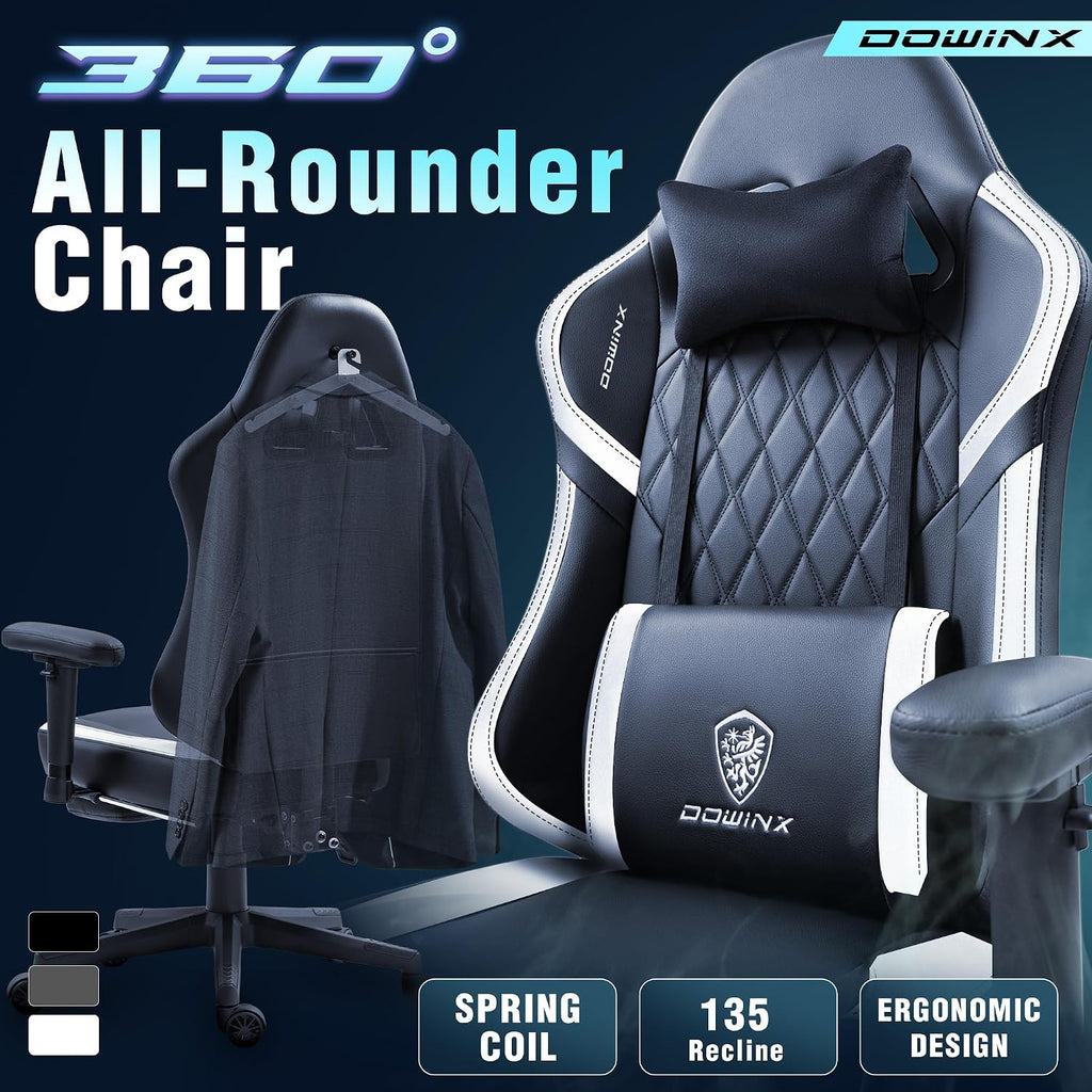Dowinx LS-66T50EJP Gaming Chair with Pocket Spring Cushion and Hanger, Massage Game Chair Pu Leather with Headrest, Ergonomic Computer Chair with Footrest 300lbs for Adult, Black Grey
