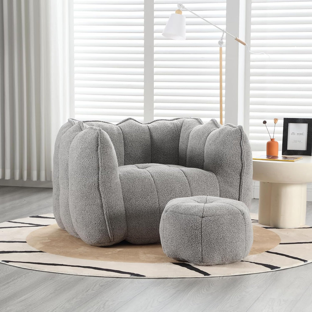 Giant Bean Bag Chair with Ottoman, Oversized Beanbag Chair for Adults, Comfy Floor Sofa Chair with Foam Filler, Pumpkin Lazy Lounger for Living Room, Game Room, Reading Corner, Chenille Grey