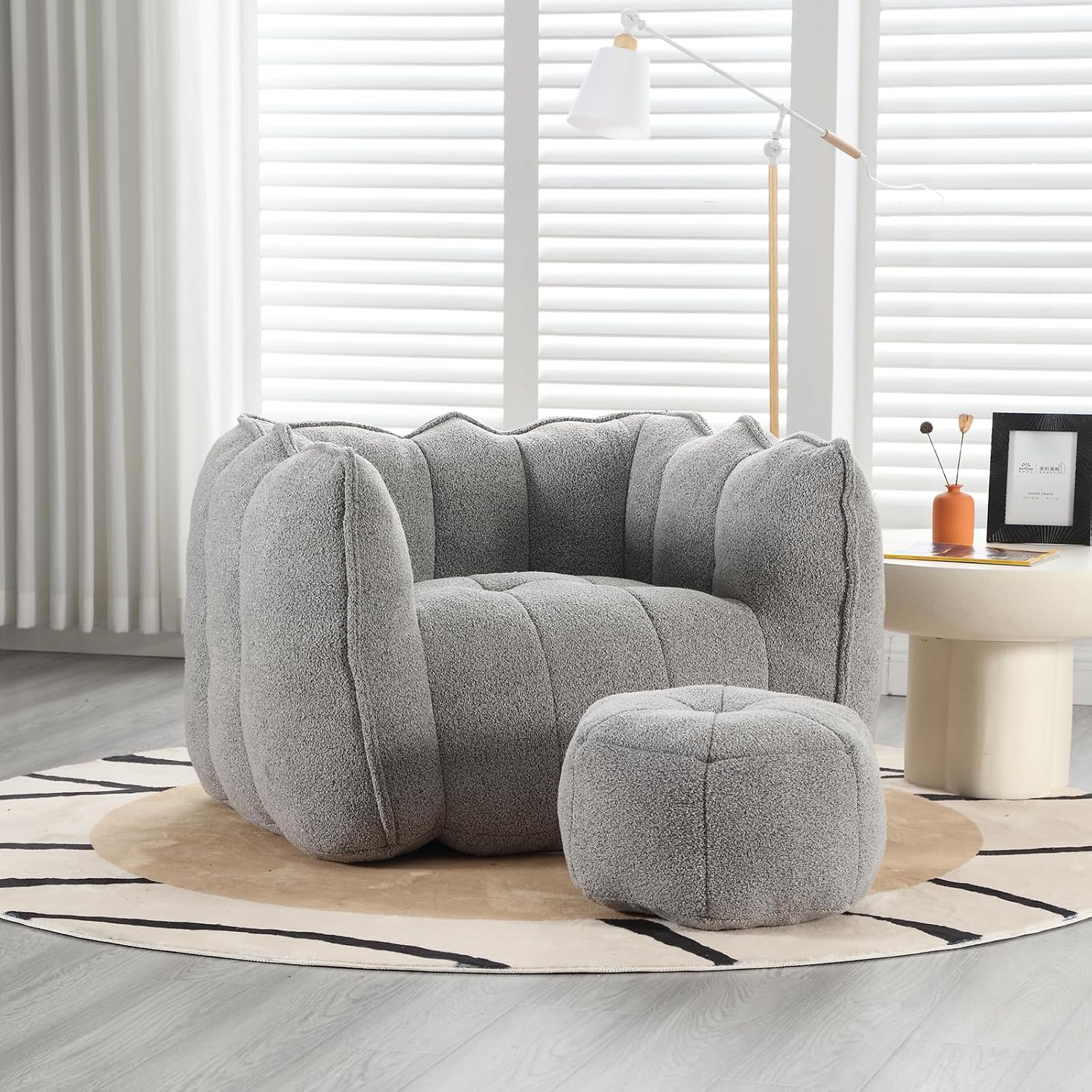 Giant Bean Bag Chair with Ottoman, Oversized Beanbag Chair for Adults, Comfy Floor Sofa Chair with Foam Filler, Pumpkin Lazy Lounger for Living Room, Game Room, Reading Corner, Chenille Grey
