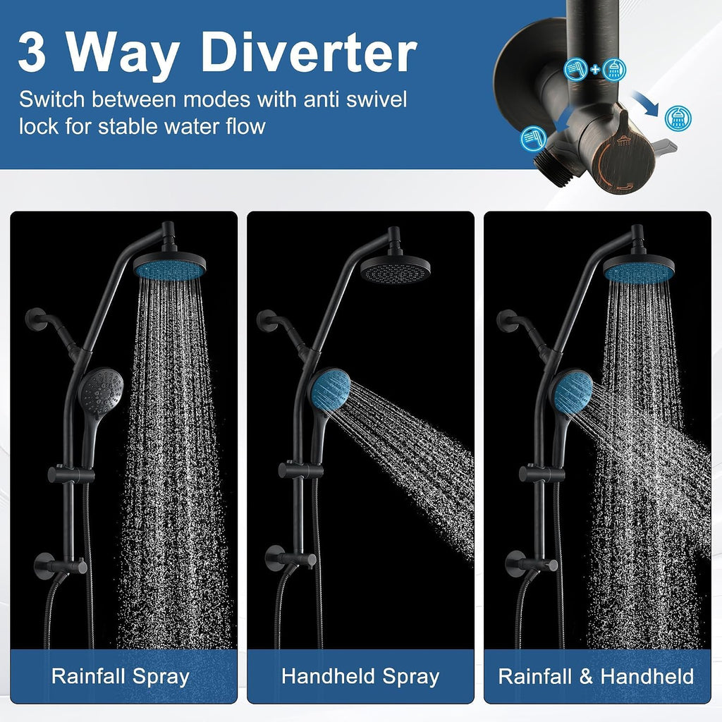 BRIGHT SHOWERS Rain Shower Head with Handheld Combo, Dual Shower System with Slide Bar, Adjustable Height, Brass Slide Bar & Diverter, 60 Inch Stainless Steel Hose, Oil Rubbed Bronze