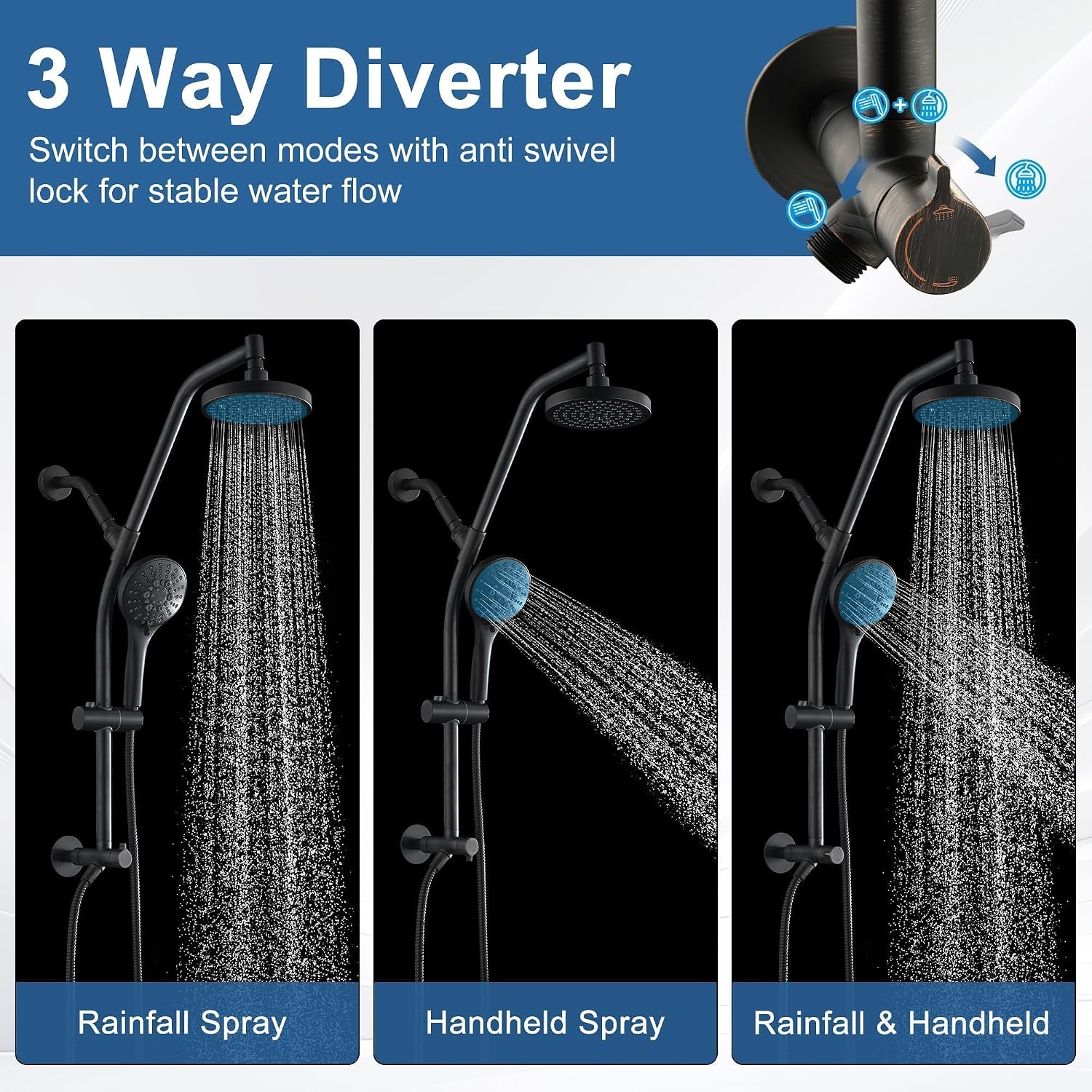 BRIGHT SHOWERS Rain Shower Head with Handheld Combo, Dual Shower System with Slide Bar, Adjustable Height, Brass Slide Bar & Diverter, 60 Inch Stainless Steel Hose, Oil Rubbed Bronze