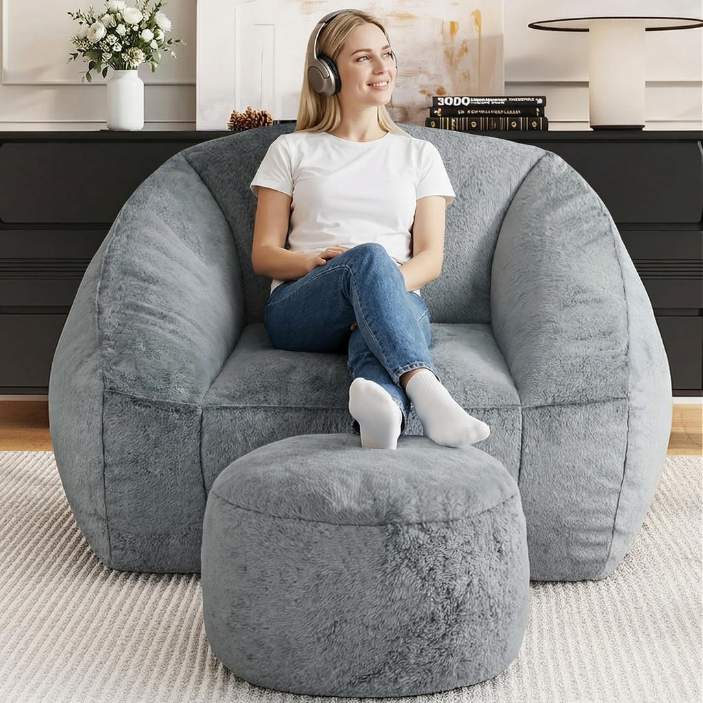 Bean Bag Chairs with Ottoman for Adults, Comfy Beanbag Chair with High-Resilience Foam, Oversized Bean Bag Sofa with Soft Faux Fur Fabric, Bean Bag Chair for Living Room,Bedroom,Dark Grey