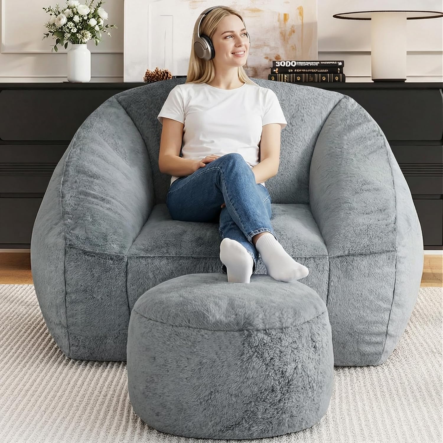 Bean Bag Chairs with Ottoman for Adults, Comfy Beanbag Chair with High-Resilience Foam, Oversized Bean Bag Sofa with Soft Faux Fur Fabric, Bean Bag Chair for Living Room,Bedroom,Dark Grey