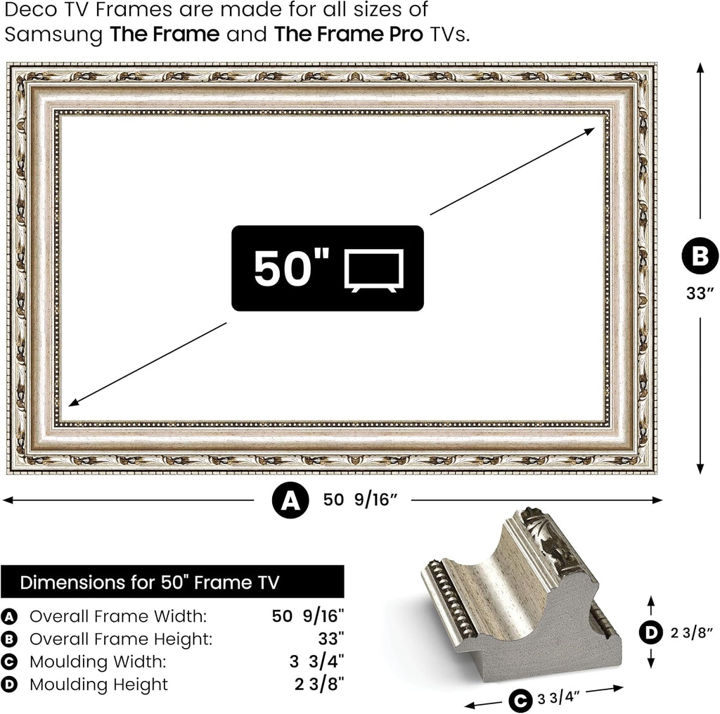 Ornate Silver 50' Premiere Deco TV Frame - Compatible ONLY with Samsung The Frame TVs (Fits 2021-2026, LS03A, LS03B, LS03C, LS03D, LS03FA)