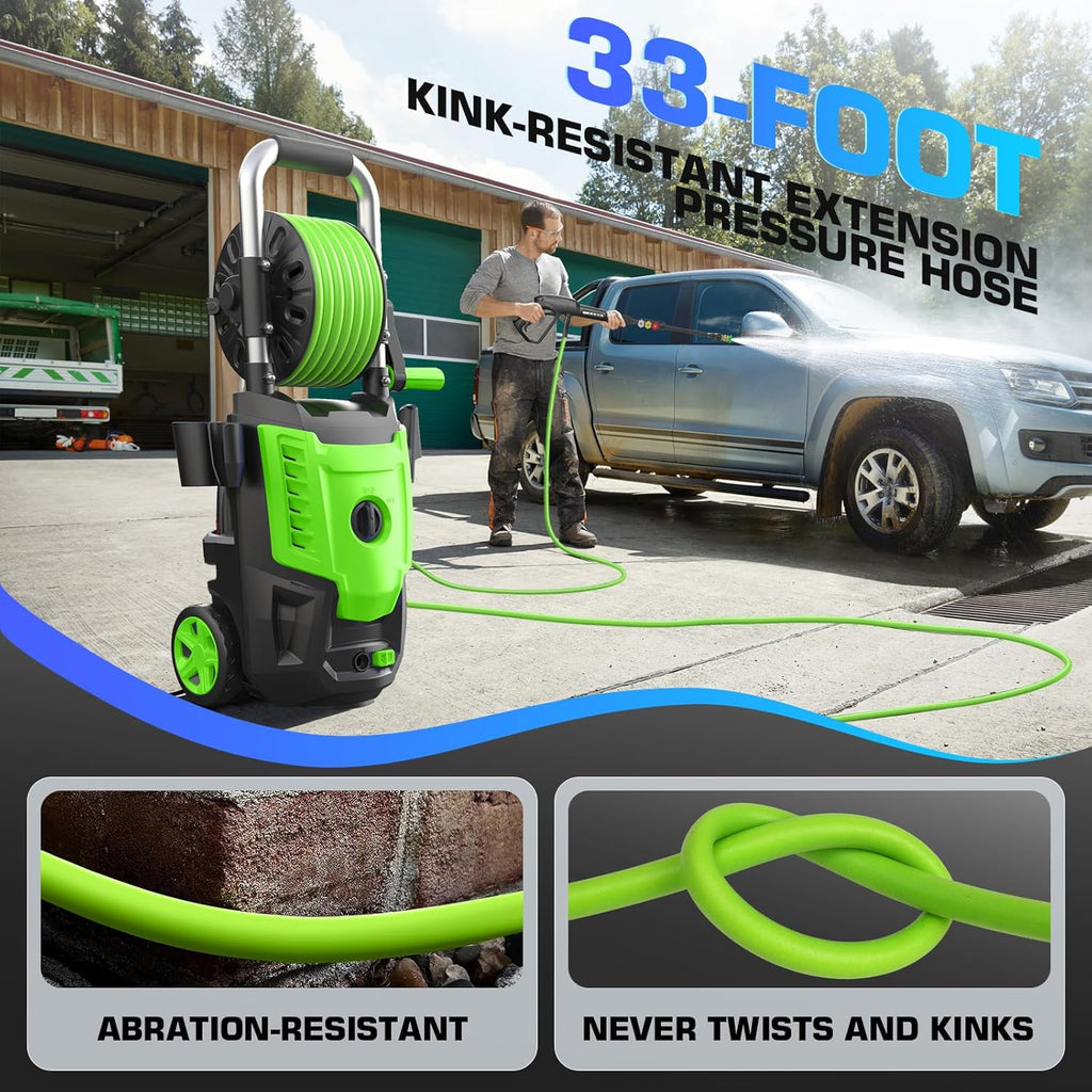 4800 PSI Electric Pressure Washer- 4.0 GPM High Power Washer with 33FT Hose Reel, 4 Spray Tips and Soap Bottle for Car Washing, Fence Cleaning, Patio Maintenance（Upgraded）(Green)