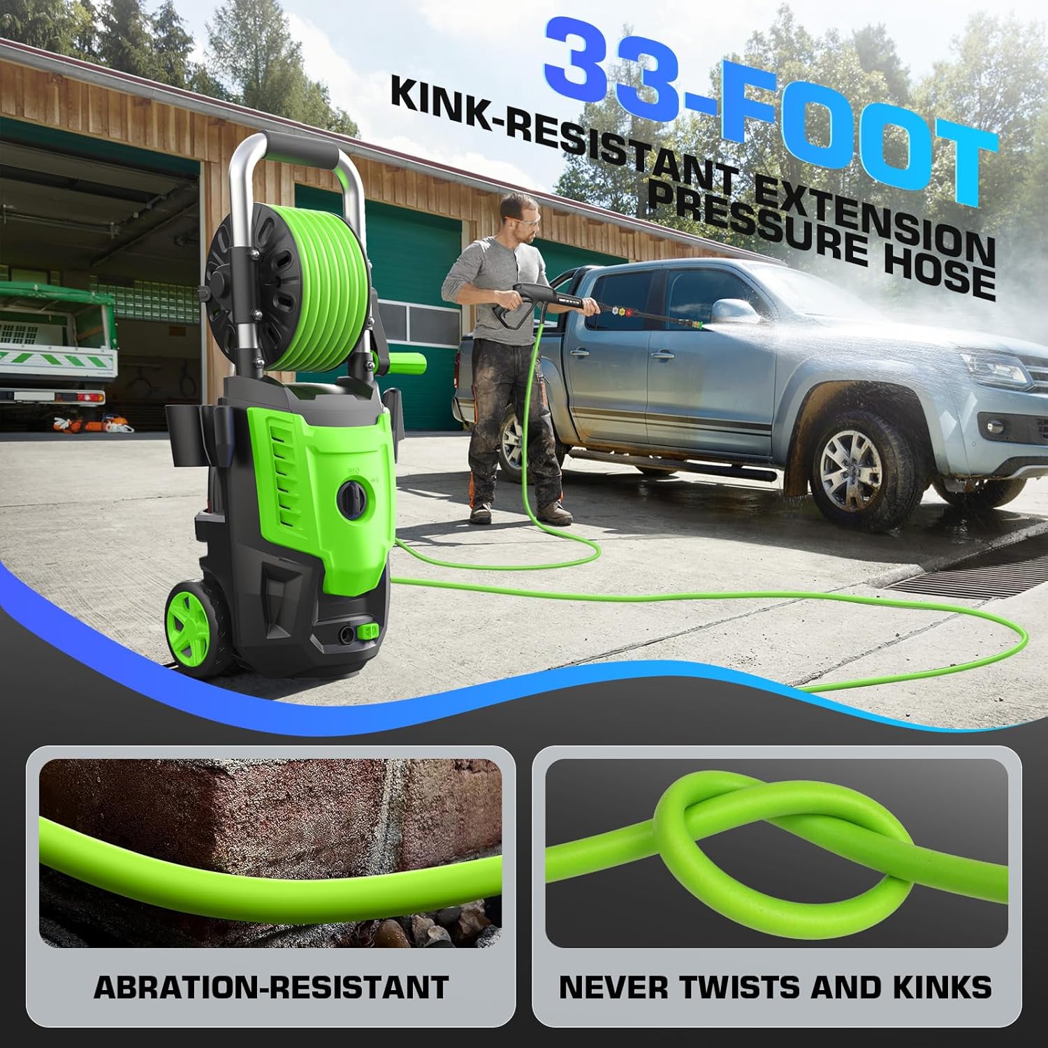 4800 PSI Electric Pressure Washer- 4.0 GPM High Power Washer with 33FT Hose Reel, 4 Spray Tips and Soap Bottle for Car Washing, Fence Cleaning, Patio Maintenance（Upgraded）(Green)