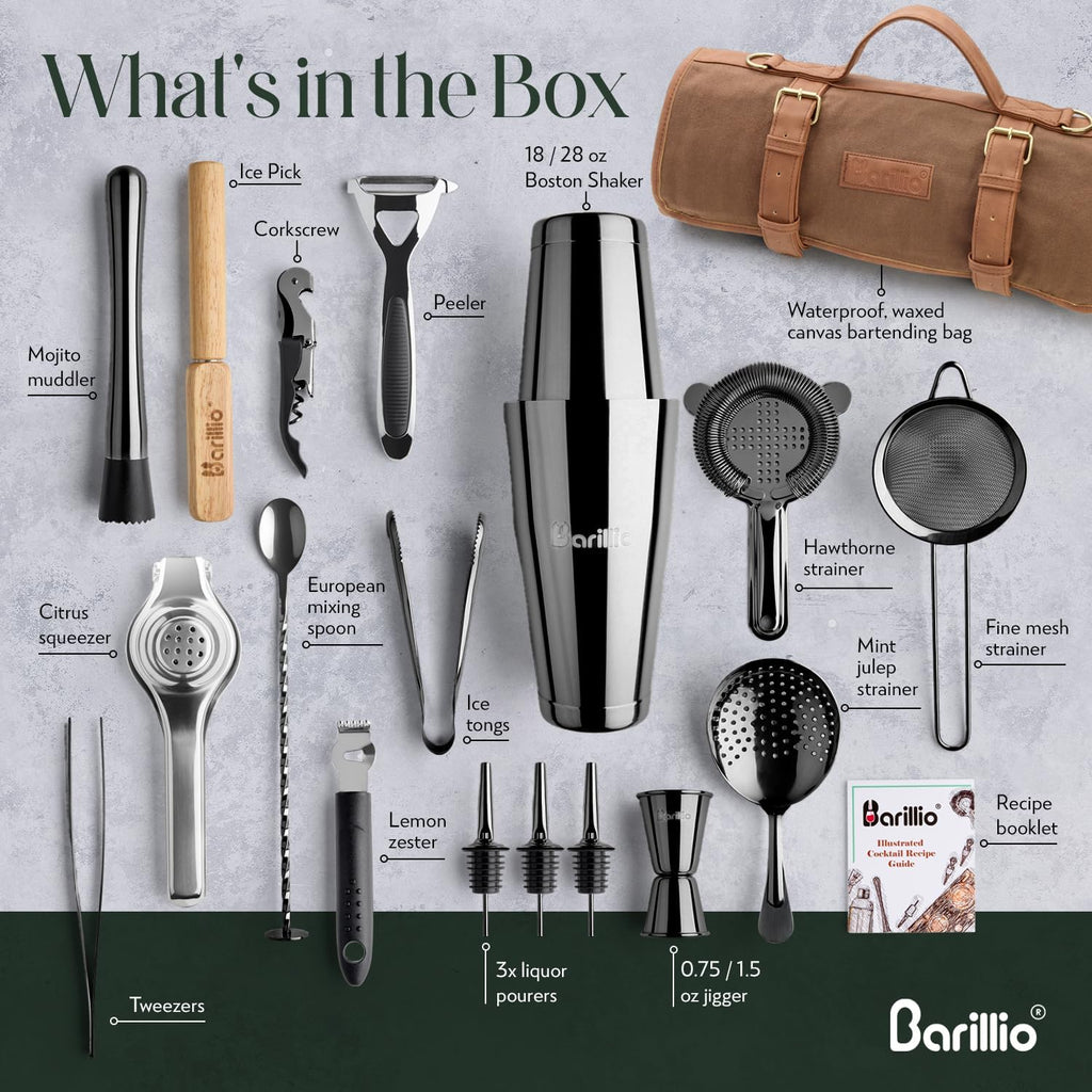 Barillio Bartender Kit Bag with Black Cocktail Shaker Set - Waxed Canvas, Traveling Bar Tools Bag with 17-Pc Cocktail Kit - Travel Mixology Bartending Kits - Mobile Bar Roll with Strap & Accessories