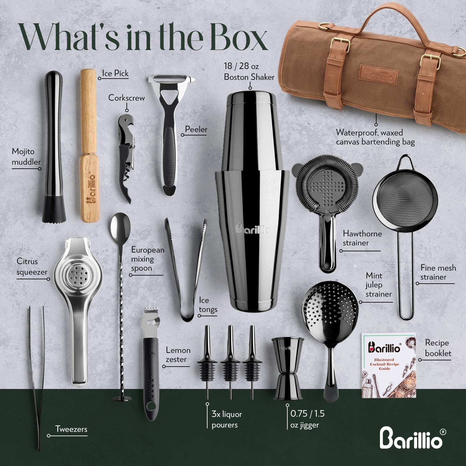Barillio Bartender Kit Bag with Black Cocktail Shaker Set - Waxed Canvas, Traveling Bar Tools Bag with 17-Pc Cocktail Kit - Travel Mixology Bartending Kits - Mobile Bar Roll with Strap & Accessories
