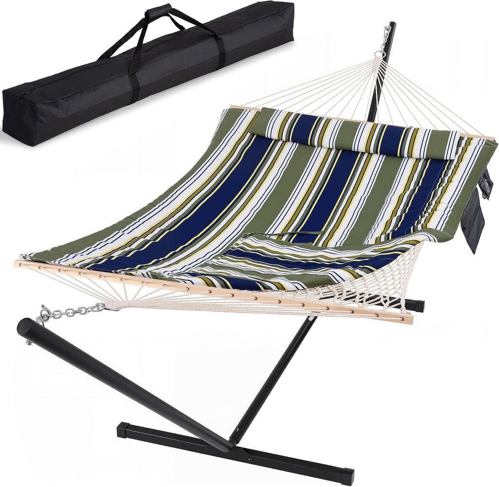 SUNCREAT Hammocks Double Outdoor Hammock with Stand, Cotton Rope Two Person Hammock with Polyester Pad & Large Pillow, Carrying Bag, Blue& Gray