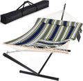 SUNCREAT Hammocks Double Outdoor Hammock with Stand, Cotton Rope Two Person Hammock with Polyester Pad & Large Pillow, Carrying Bag, Blue& Gray