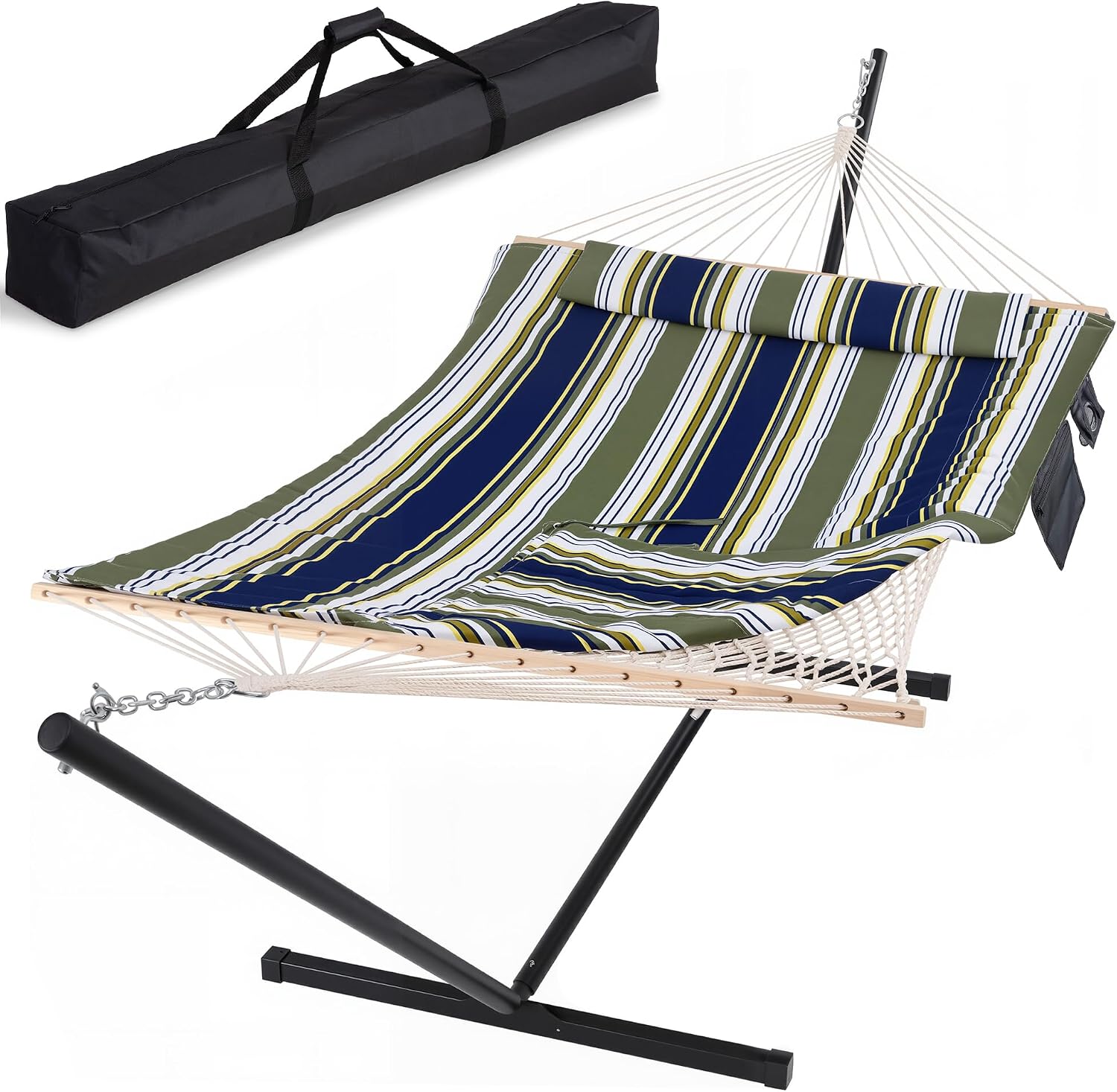 SUNCREAT Hammocks Double Outdoor Hammock with Stand, Cotton Rope Two Person Hammock with Polyester Pad & Large Pillow, Carrying Bag, Blue& Gray