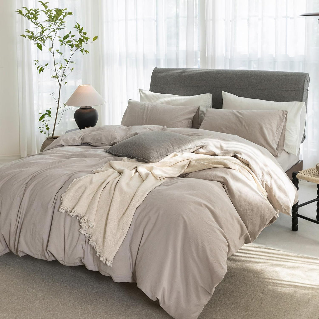 Super King Plus Cooling Duvet Cover Set - 3 Pieces 100% Cotton Bedding, Breathable, Crisp Linen-Like Texture, Naturally Soft & Gets Better, Hidden Zipper & Corner Ties – Beige Grey, 120'x120'
