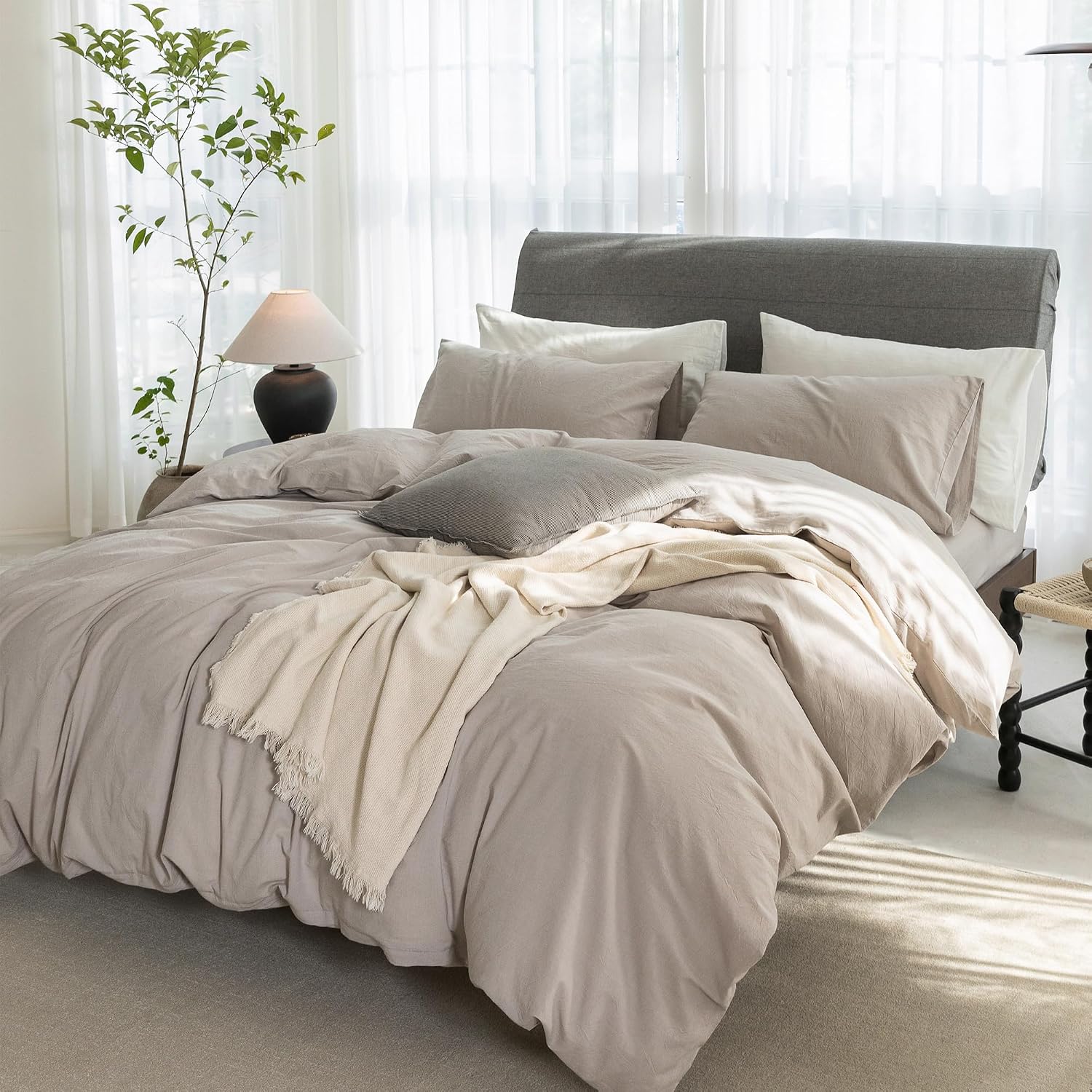 Super King Plus Cooling Duvet Cover Set - 3 Pieces 100% Cotton Bedding, Breathable, Crisp Linen-Like Texture, Naturally Soft & Gets Better, Hidden Zipper & Corner Ties – Beige Grey, 120'x120'