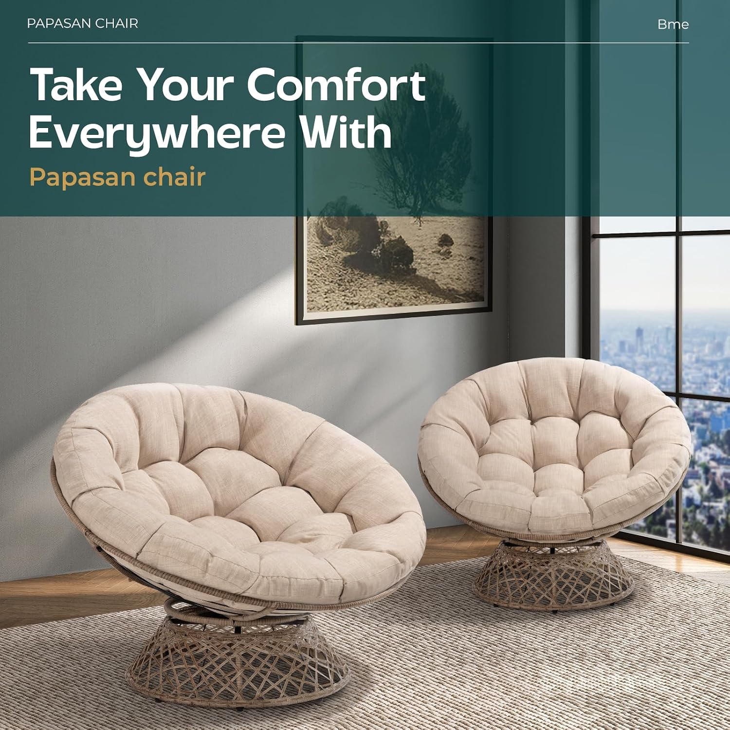 Bme 46' Large Size Ergonomic Wicker Papasan Chair with Soft Thick Density Fabric Cushion, Bee-Designed Base, High Capacity Steel Frame, 360 Degree Swivel for Living, Bedroom,...