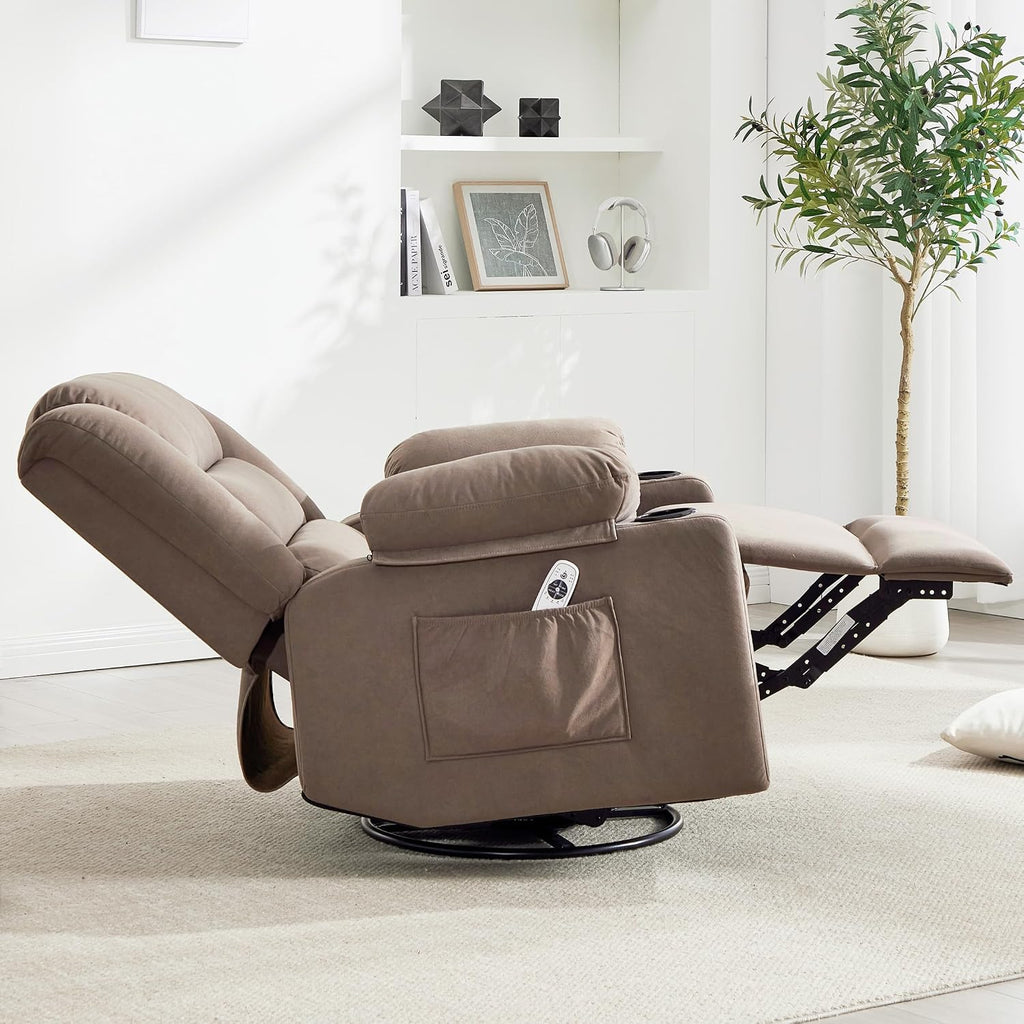 Ketaiyou Rocker Swivel Recliner Chair for Adults, Overstuffed Large Manual Recliner Glider with Massage and Heat, Comfy Soft Fabric Living Room Reclining Sofa Chair (Mocha)
