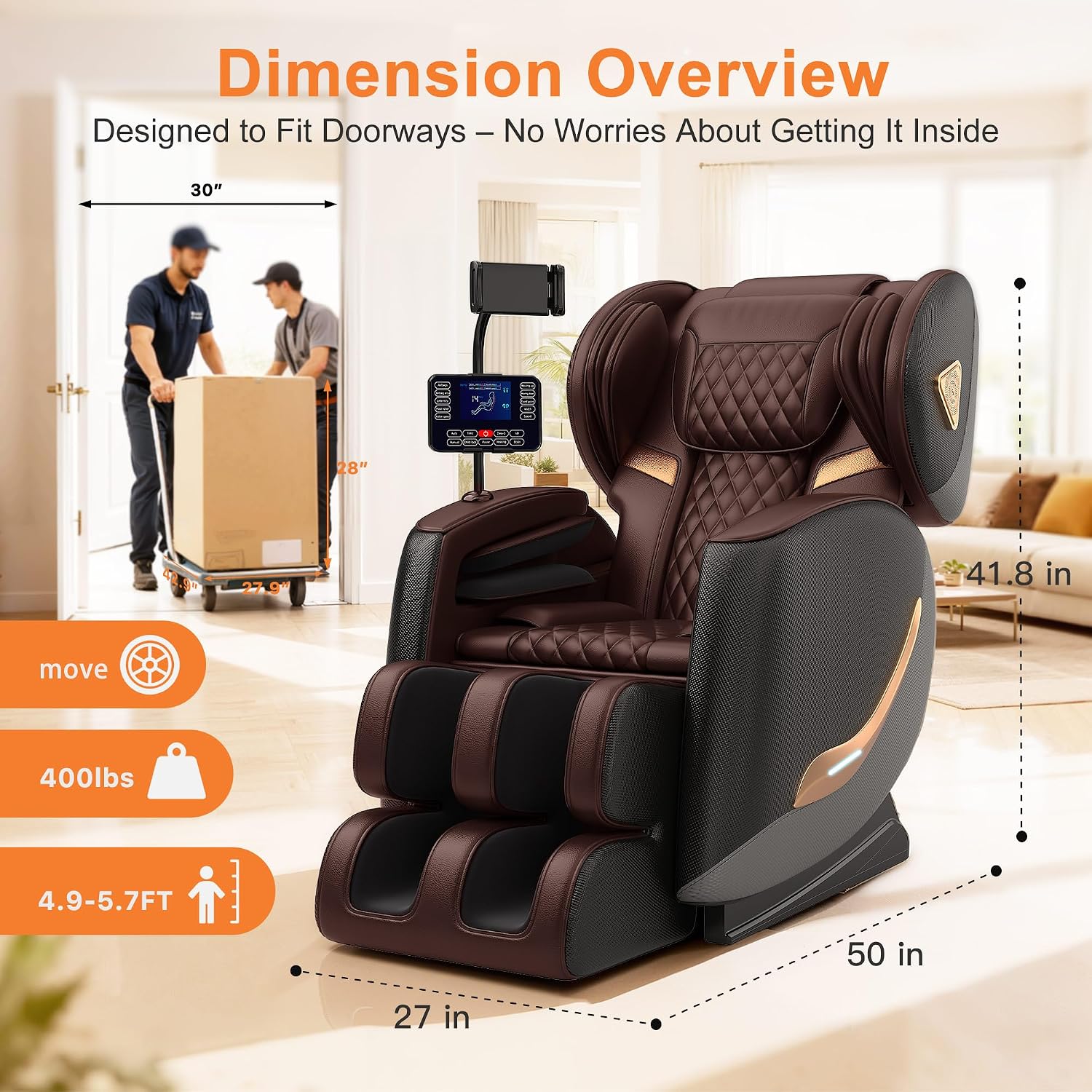 Massage Chair Full Body and Recliner, Zero Gravity Massage Chairs, 10 Fix Rollers, Airbags, Heating, Foot Massage, Auto Modes, Bluetooth Speaker and Touch Control Screen for Home and Office (Brown)