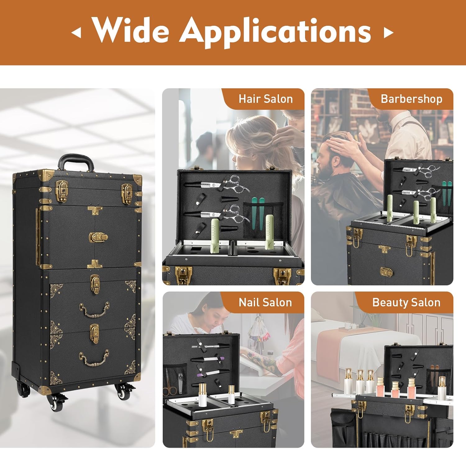 Beauty Salon Luggage on Wheels, 31.7 Inch Retro Travel Rolling Makeup Train Case with Makeup Hairdressing Tools Storage Nail Organizer Tool Box with 2 Password Locks for Manicure/Hairstylist