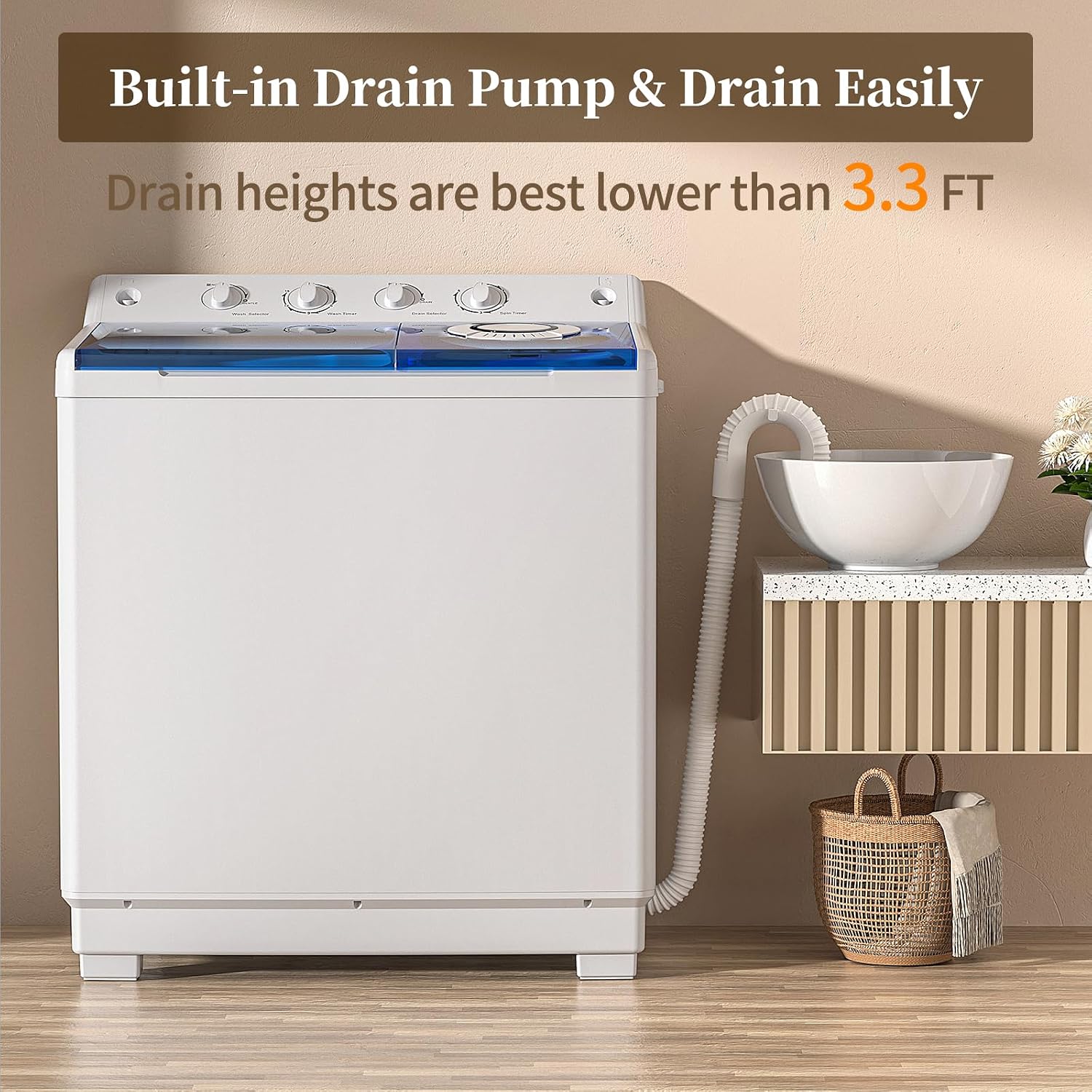 VCJ Portable Washing Machine, Twin Tub Washing Machine Laundry Compact Washer spinner Combo with 40lbs capacity, 24Lbs Washer and 16Lbs Spinner dryer for Apartments RVs and Dorms