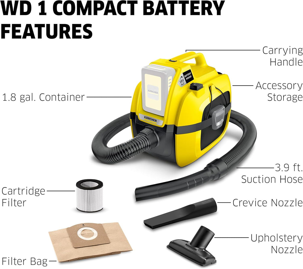 Kärcher WD 1 Compact Battery Powered Wet Dry Shop Vacuum Cleaner Ideal for Car Cleaning with Attachments, Multi Purpose – Blower Feature, Compact Space-Saving Design, Portable (Tool Only)