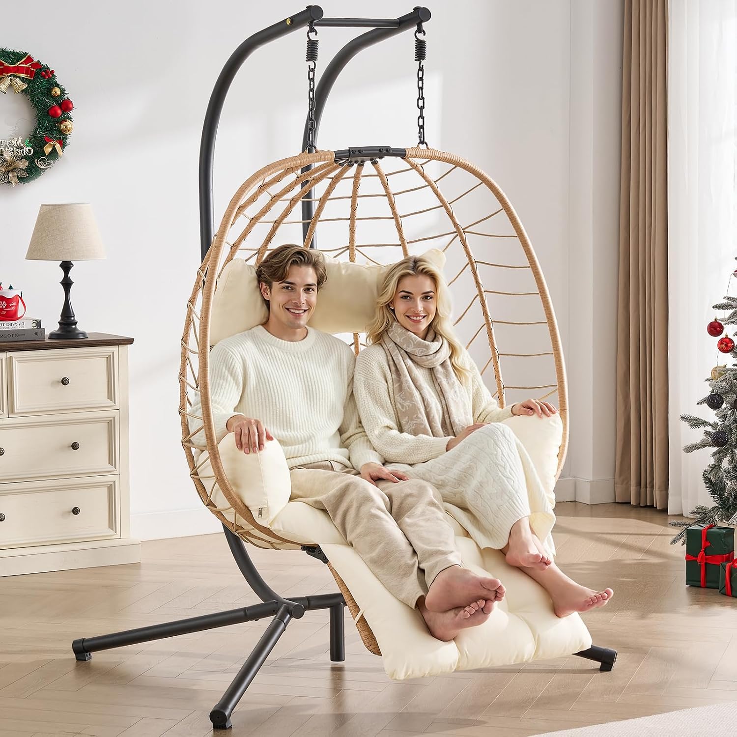 ONBRILL Double Egg Chair with Adjustable Footrest & Stand, Rattan Hammock Swing Loveseat with Cushions & Headrests, 650LBS Capacity Hanging Chairs for Outdoor & Indoor Patio, Deck, Bedroom (YE-BE)