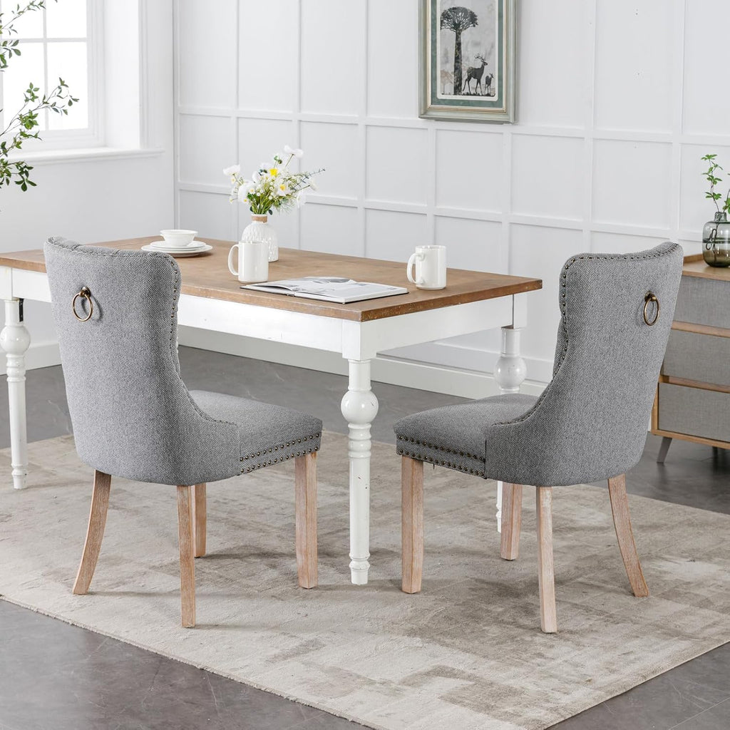 Ball & Cast Contemporary Upholstered Dining Chairs Set of 2, Button Tufted Kitchen Side-Chairs with Hang Ring & Nailhead Trims & Solid Wood Legs, 2-Piece Backrest Traditional Chair, Linen Gray
