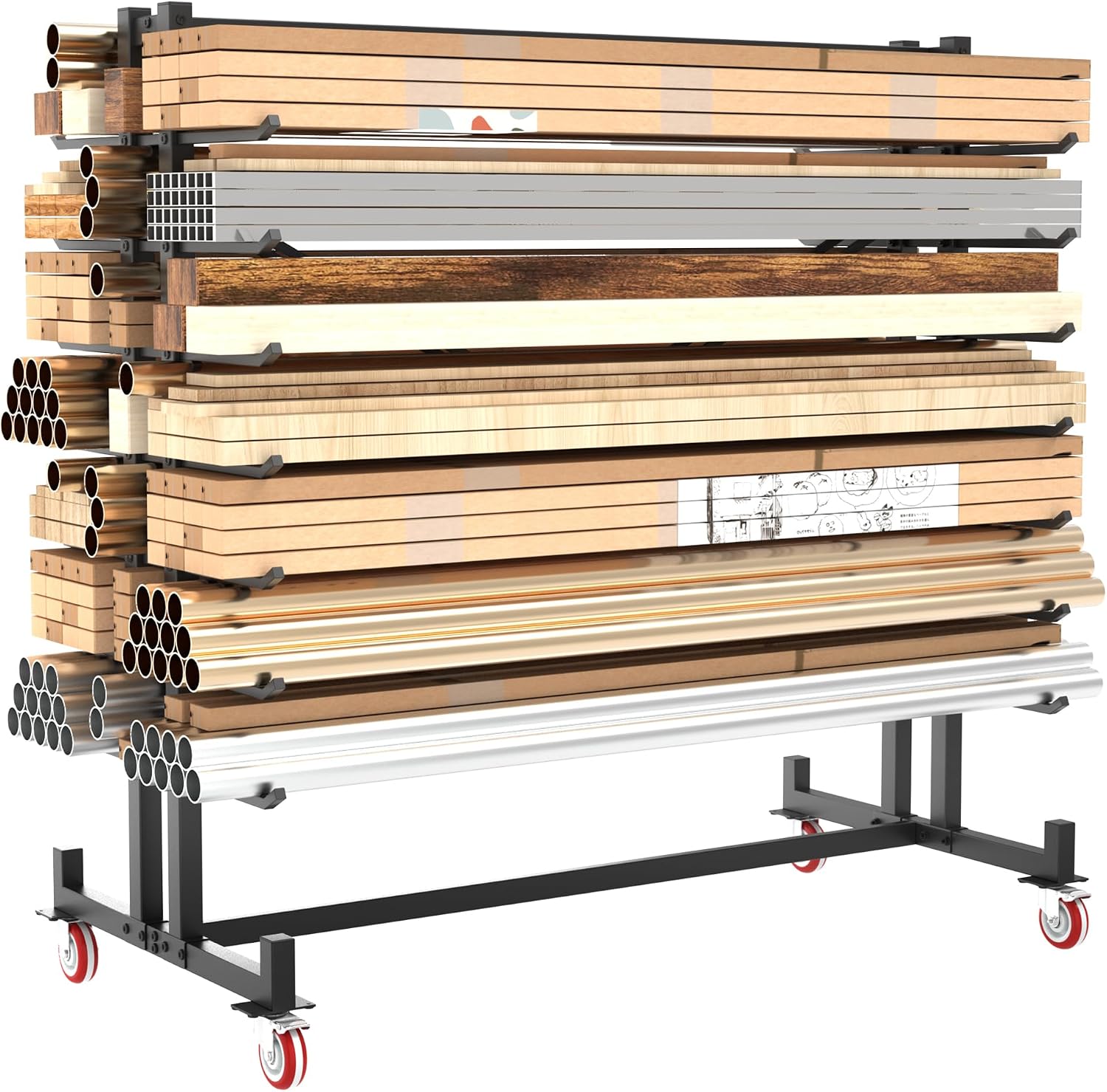 Soywey 7-Tier Steel Horizontal Storage Rack,Detachable Lumber Storage Rack,Load 2000 Lbs Heavy Adjustable Pipe Rack Lumber Organizer Shelf for Garage Workshop Shed Basement Black(With Wheel)