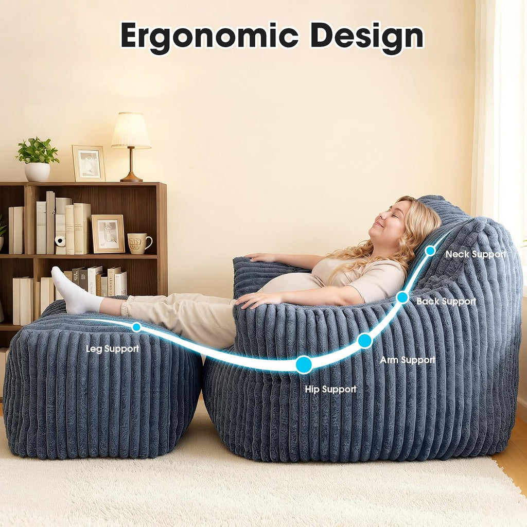 Giant Bean Bag Chair with Ottoman, Oversized Memory Foam Bean Bag Sofa for Adults and Kids, Large Comfy Fluffy Single Lounges Mini Couch for Living Room, Bedroom & Dorm(Gray)