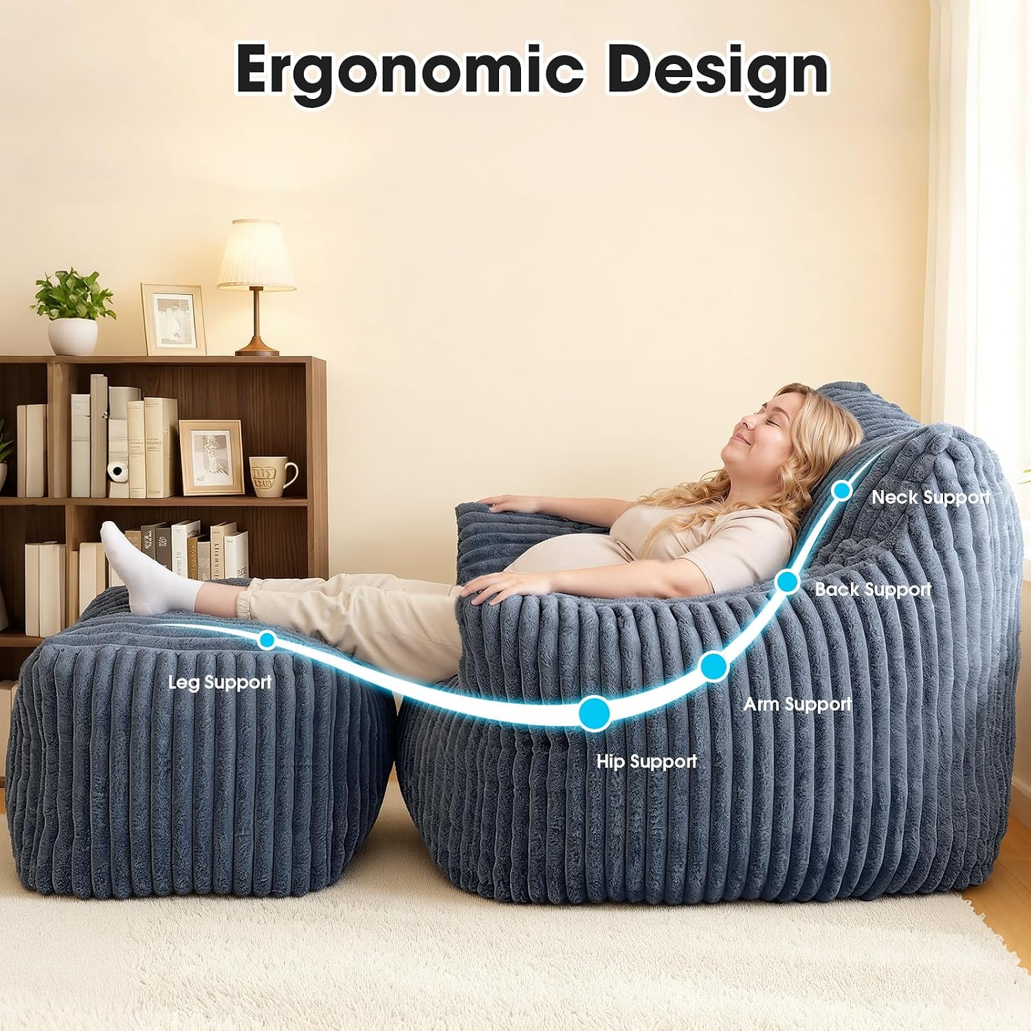 Giant Bean Bag Chair with Ottoman, Oversized Memory Foam Bean Bag Sofa for Adults and Kids, Large Comfy Fluffy Single Lounges Mini Couch for Living Room, Bedroom & Dorm(Gray)