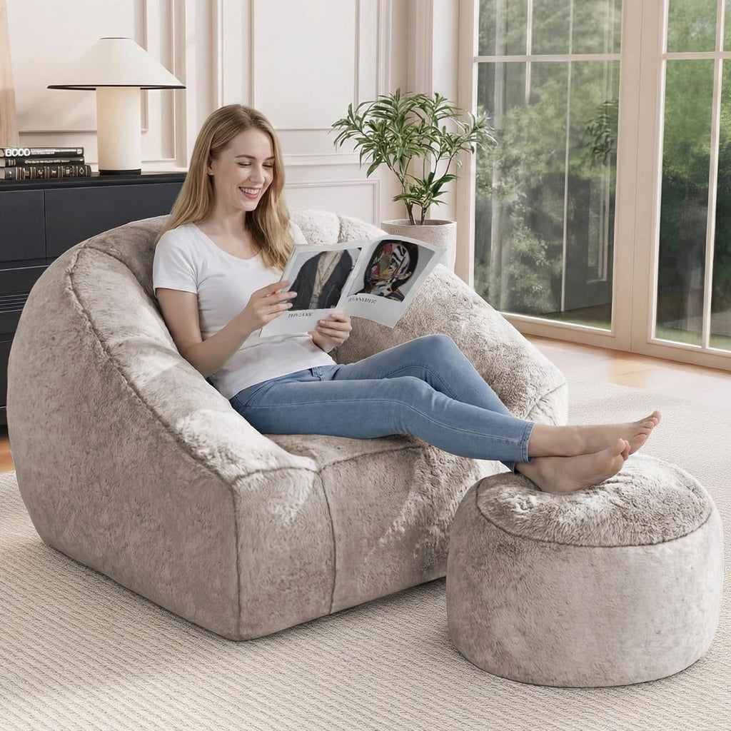 Bean Bag Chairs with Ottoman for Adults, Comfy Beanbag Chair with High-Resilience Foam, Oversized Bean Bag Sofa with Soft Faux Fur Fabric, Bean Bag Chair for Living Room,Bedroom,Khaki