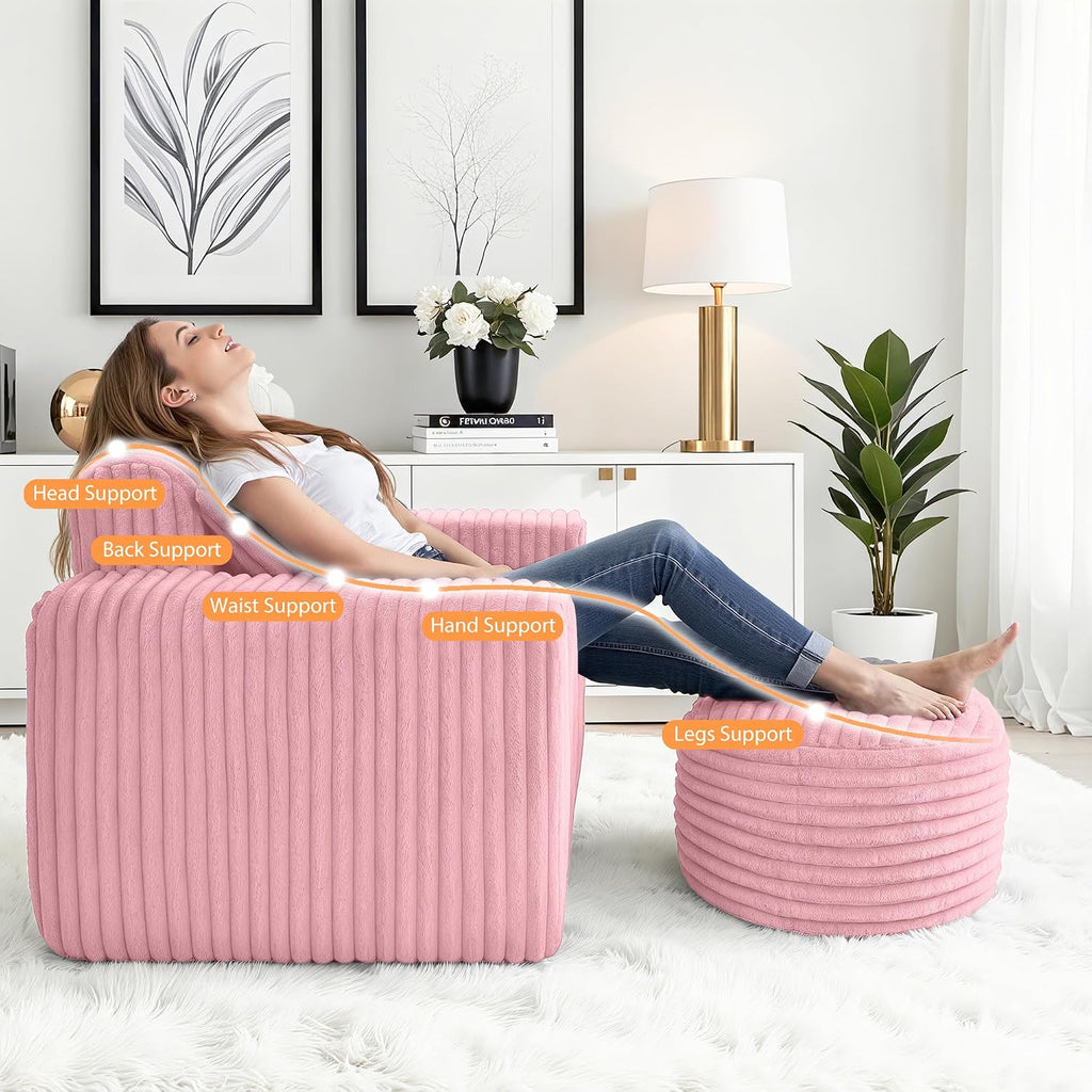 HABUTWAY Bean Bag Chair for Adults with Pillow, Giant Bean Bag Chairs with Ottoman, Comfy Dorm Chair with High Backrest & Wider Armrest, Lounger Chair Indoor for Bedroom Living Room(Pink)